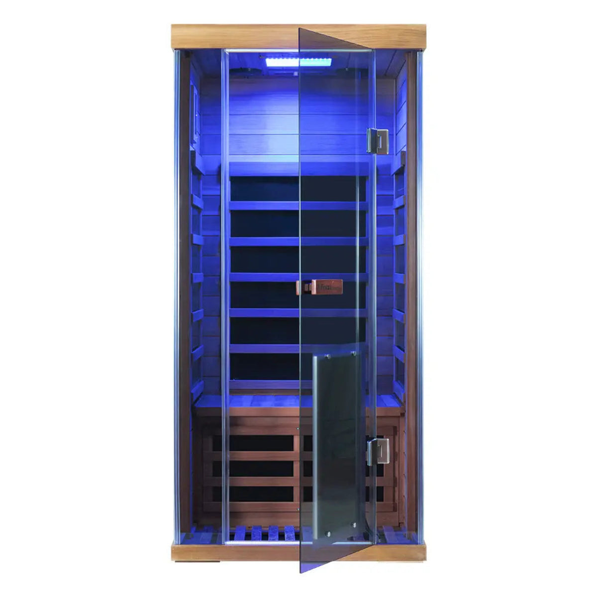 1-person infrared sauna red cedar with glass door and blue lighting from Wizzisaunas SR01