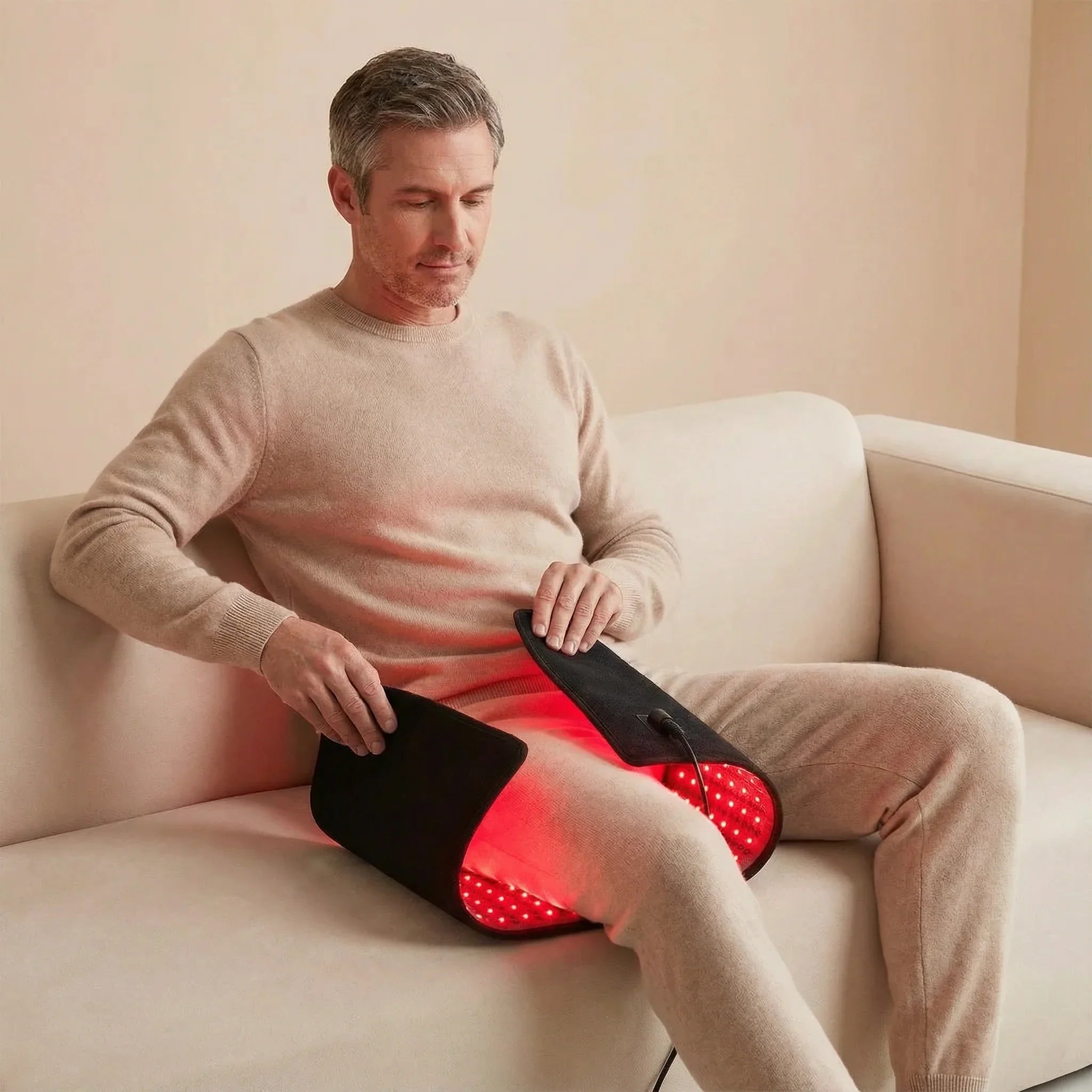 Man using a red light pad around his leg while sitting on a couch.