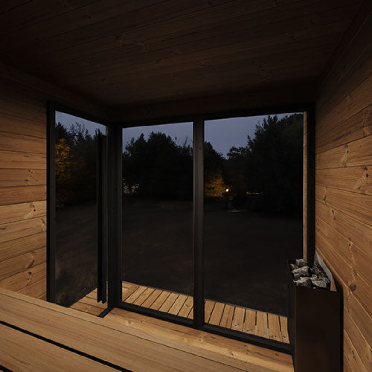 SaunaLife Garden Luxury-Series GL6B interiew view looking out at nighttime