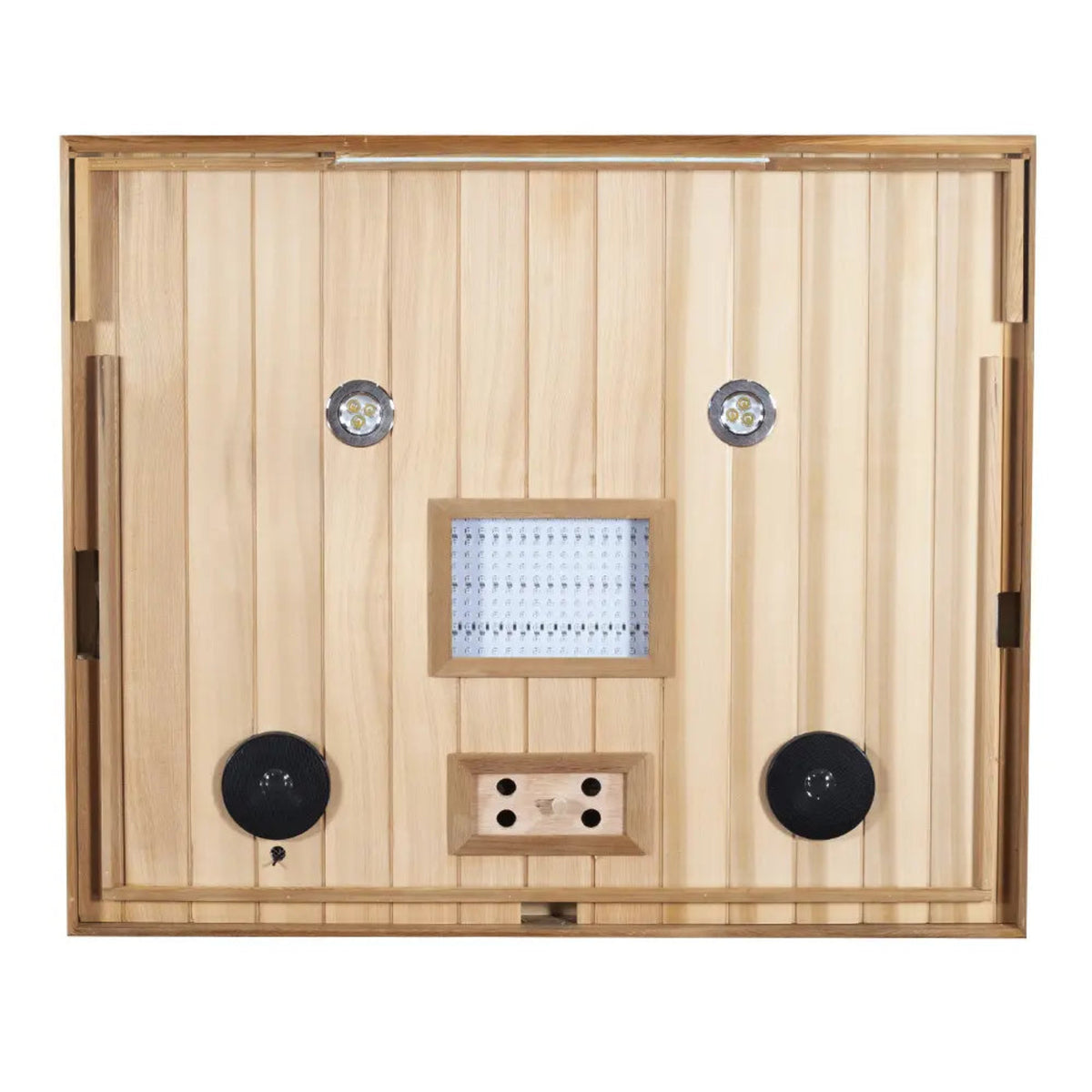 Interior view of 2-person infrared sauna red cedar by Wizzisaunas with speaker and light settings.