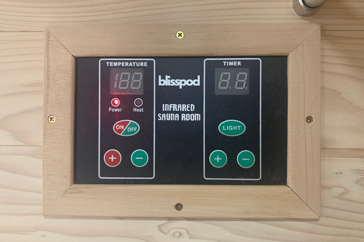 Control panel of Blisspod Vienna 1-Person Far Infrared Sauna with temperature and timer settings.