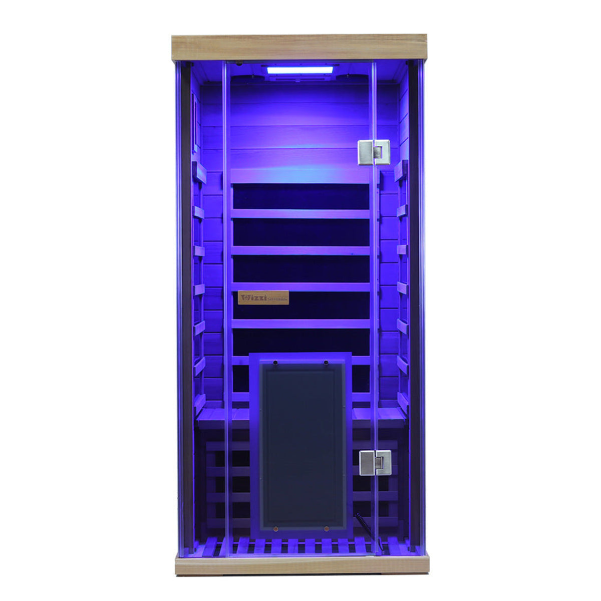 Wizzisaunas SR01 1-person infrared sauna red cedar with interior lighting and features.