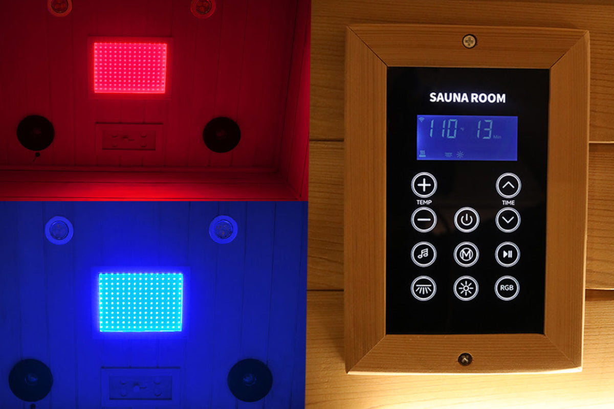 Control panel and lighting features of the 2-person infrared sauna hemlock | Wizzisaunas SH02 | Full-Spectrum.
