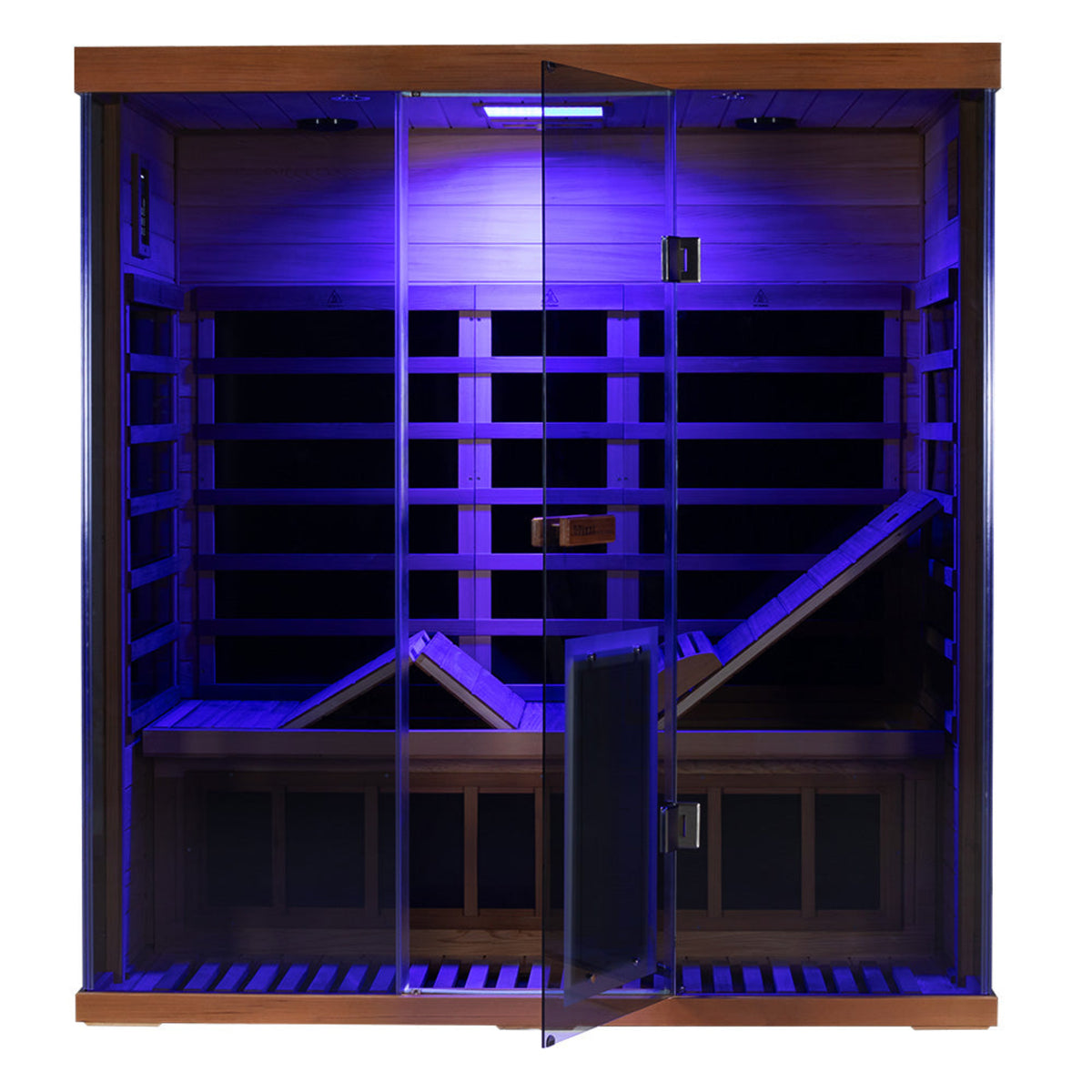Wizzisaunas S03 3-person infrared sauna –blue lights with lounger and open door
