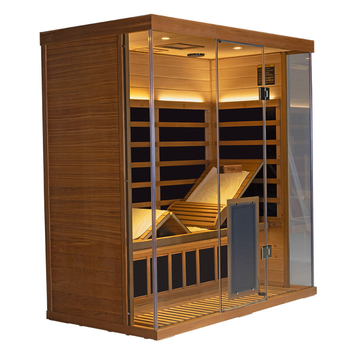 Wizzisaunas S03 3-person infrared sauna showing yellow lights and a towel and backrest on lounger