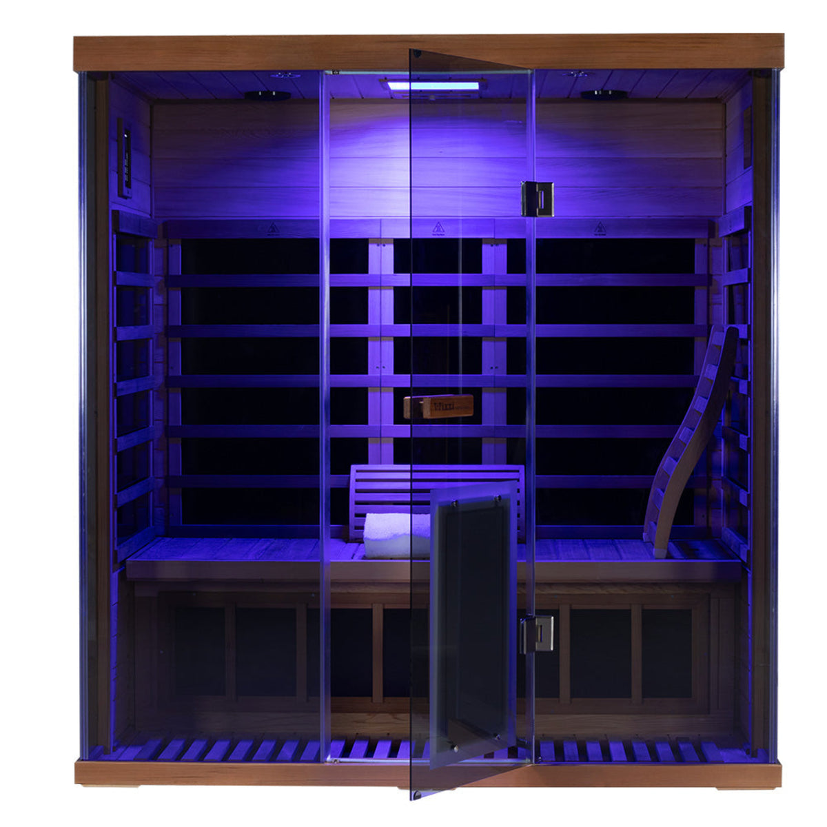 Wizzisaunas S03 3-person infrared sauna – showing blu lights front view with backrest and towel