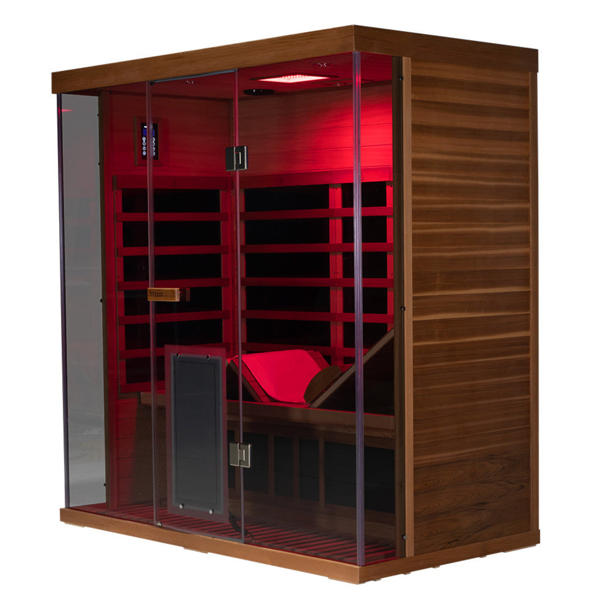 Wizzisaunas S03 3-person infrared sauna – showinf red light and lounger angle view