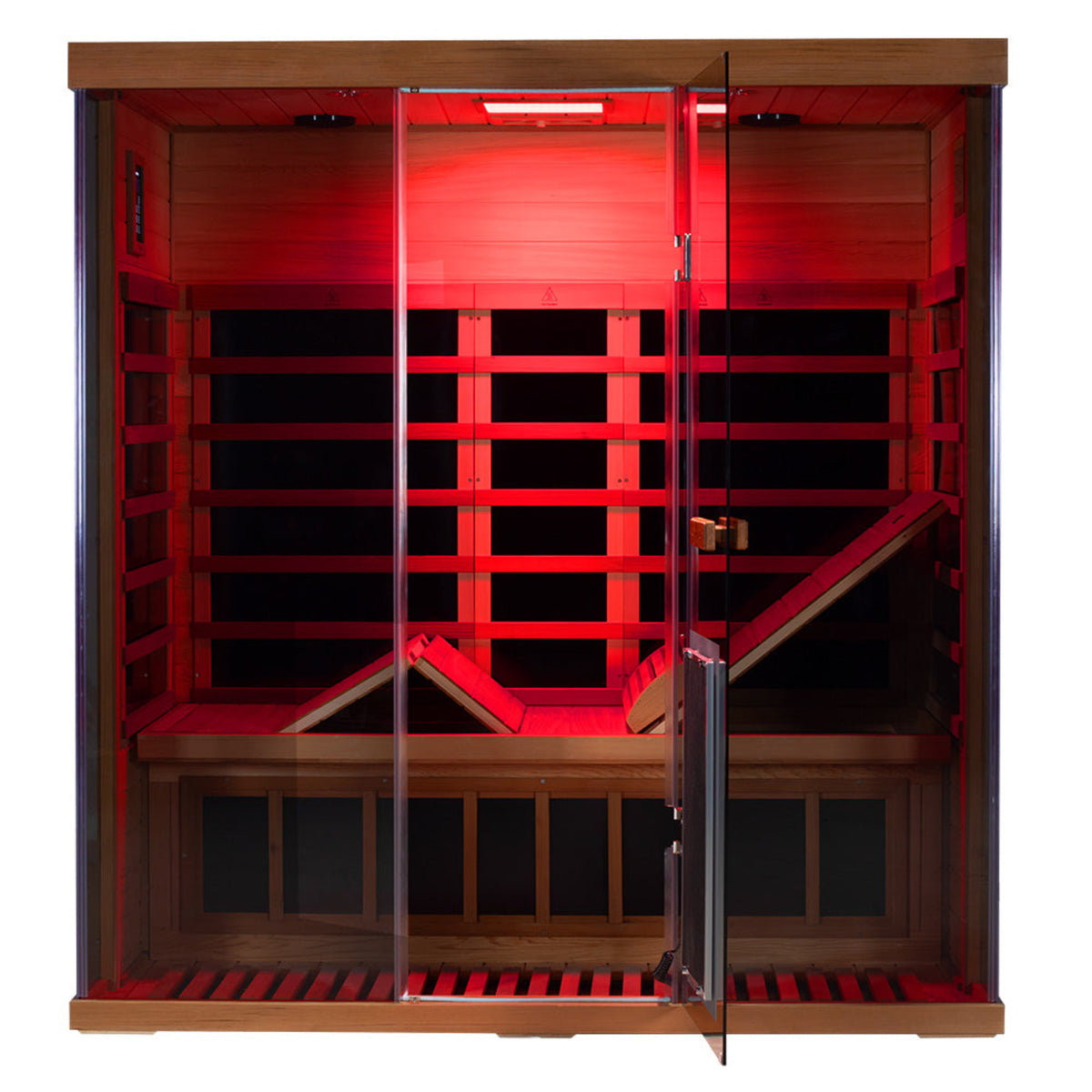 Wizzisaunas S03 3-person infrared sauna – ired lights front view with lounger up and door open