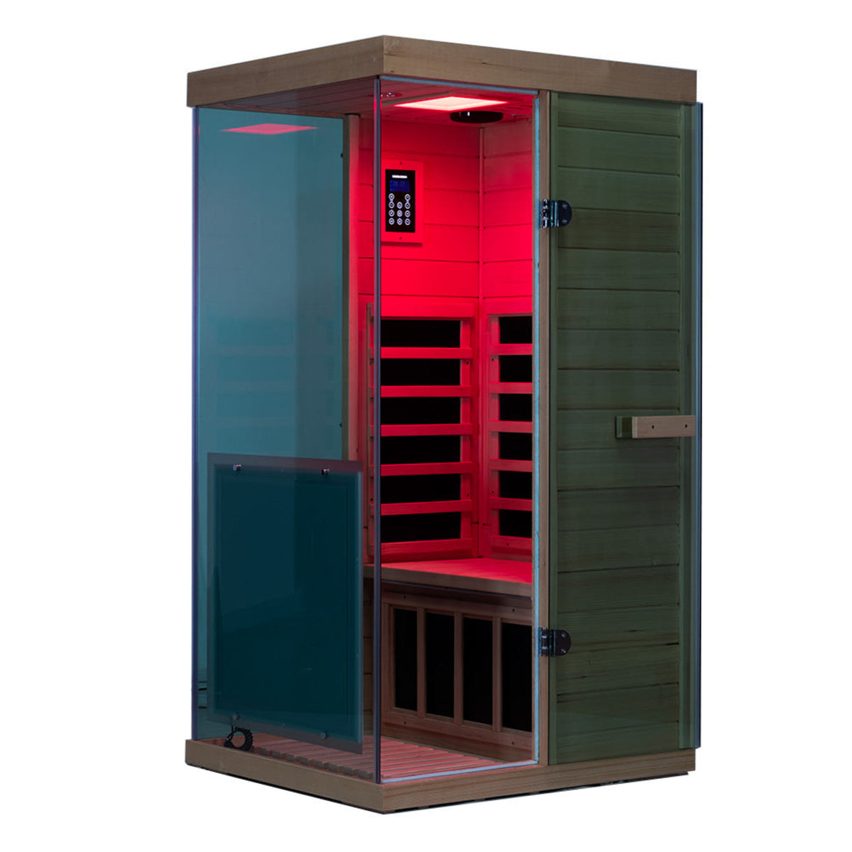 Wizzisaunas 909MX mini infrared sauna red cedar with door open