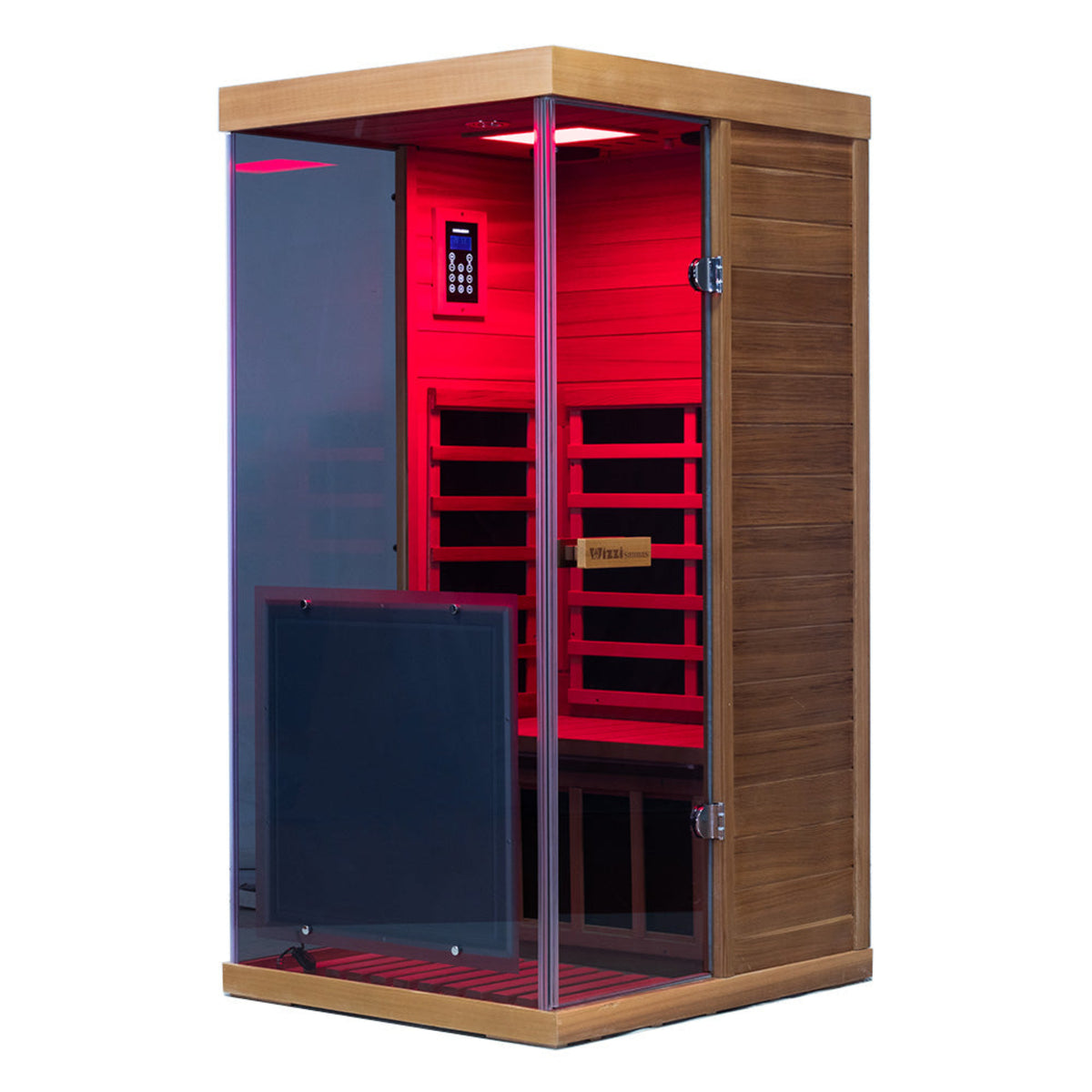 Wizzisaunas 909MX mini infrared sauna angle view with red lights showing controller on all