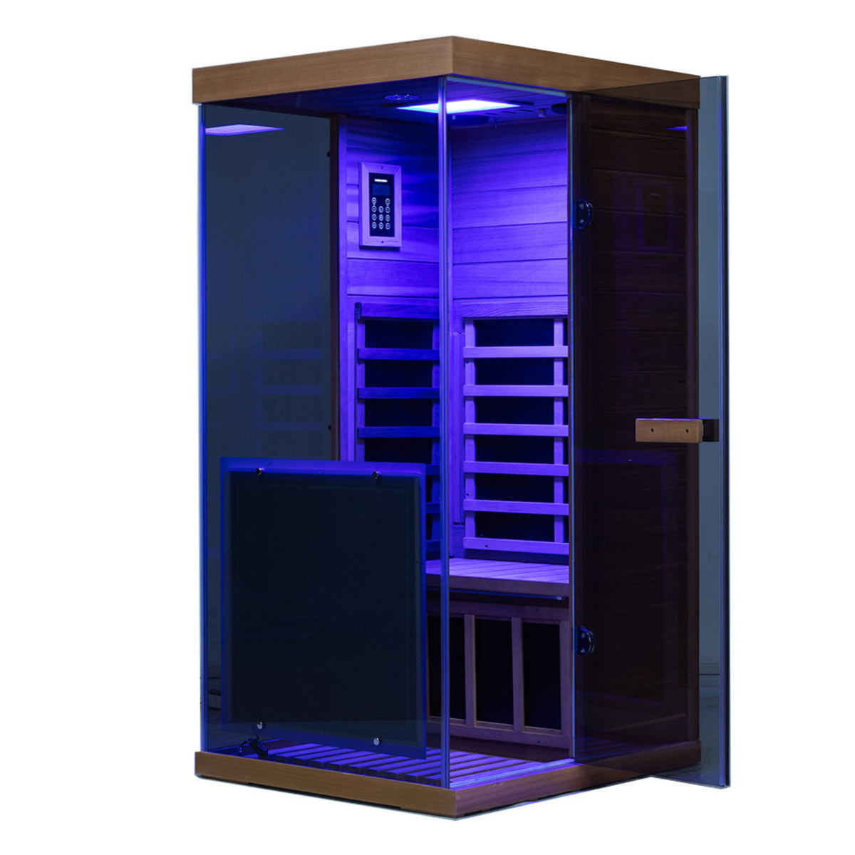 Wizzisaunas 909MX mini infrared sauna showing blue lights