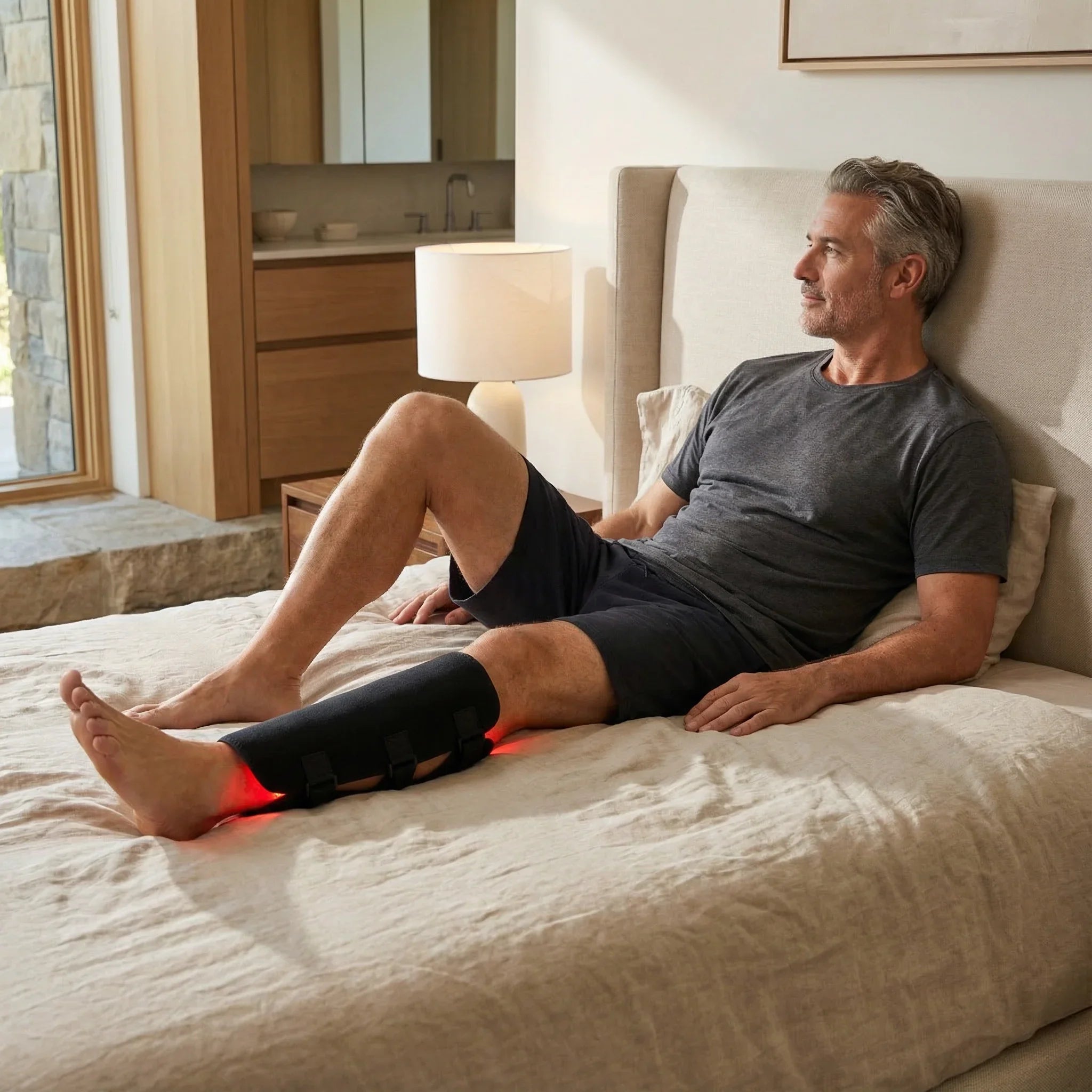 Man sitting on a bed with a Nicebean leg wrap red light therapy on his leg in a bedroom setting.