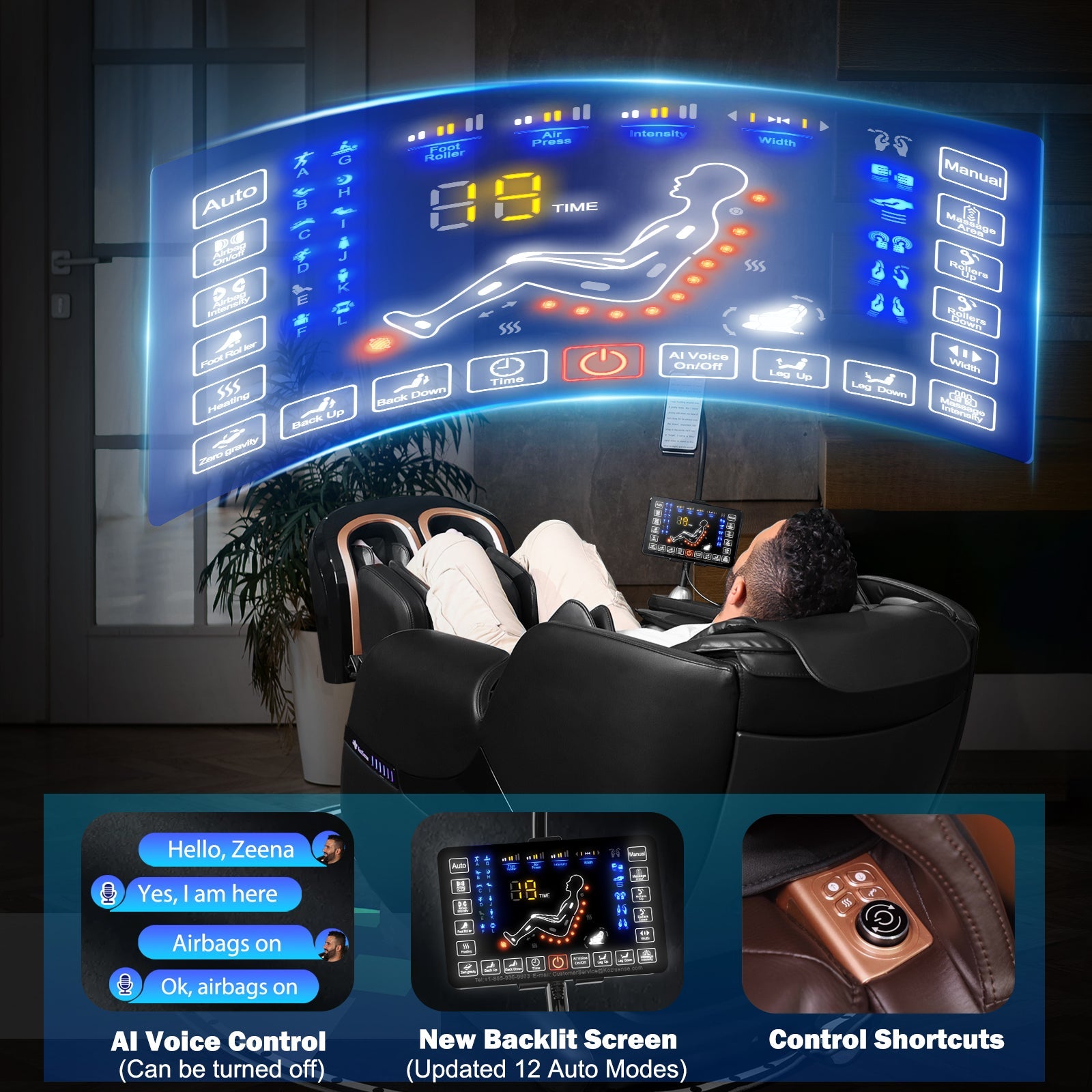 KoziSense A18 3D SL-Track Massage Chair with advanced AI control features and new backlit display.