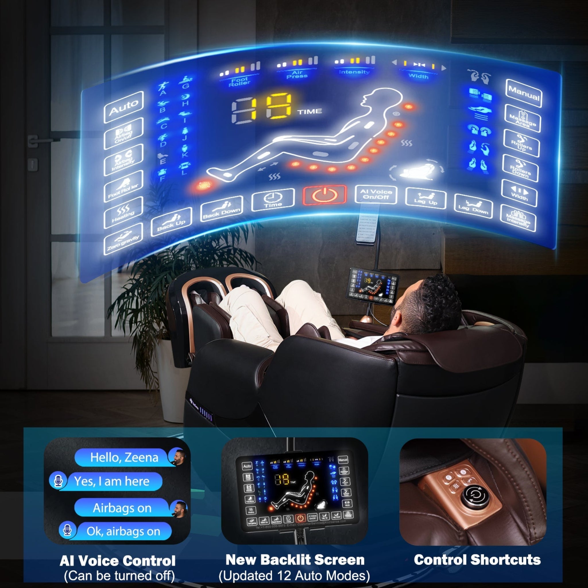 "KoziSense A18 3D SL-Track massage chair in [color] with automatic body detection, AI voice control, and Bluetooth audio."