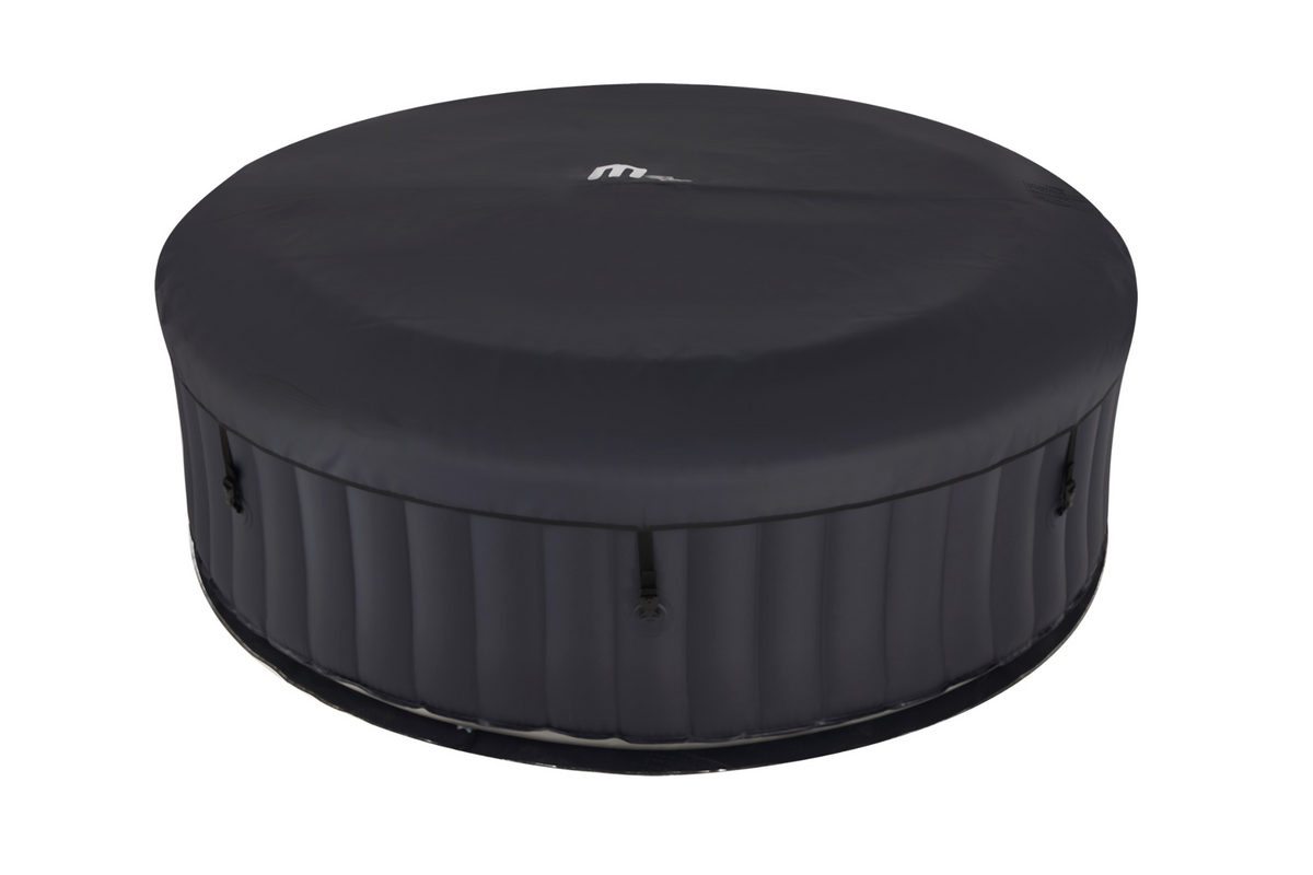 Black cylindrical hot tub with a lid on a white background