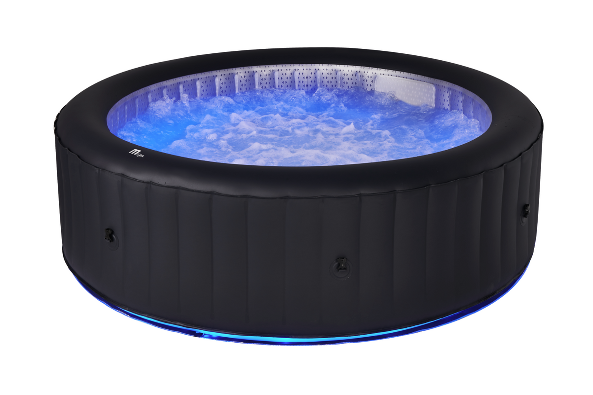 Inflatable hot tub with blue LED lights on a white background