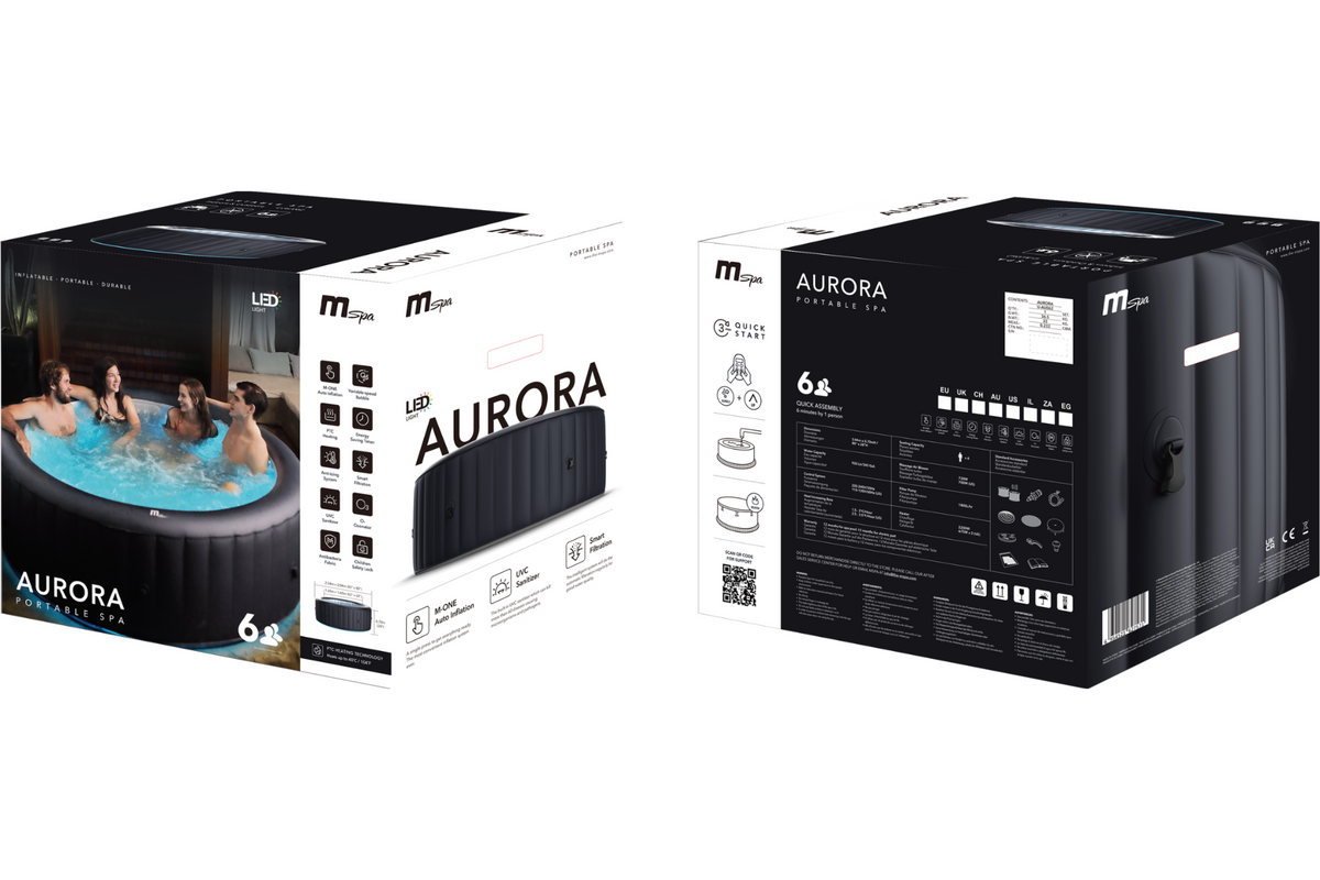 Aurora portable hot tub packaging with images of people in a hot tub on a white background