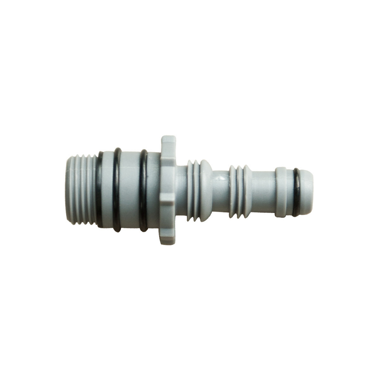 A light gray plastic male connector fitting with black rubber O-rings, shown against a plain white background.