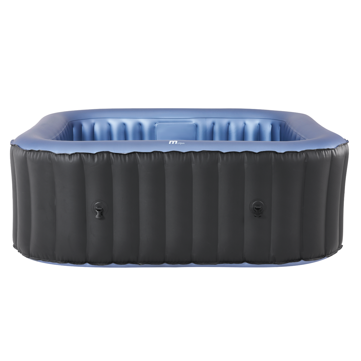 Inflatable hot tub with blue interior and black exterior on a white background