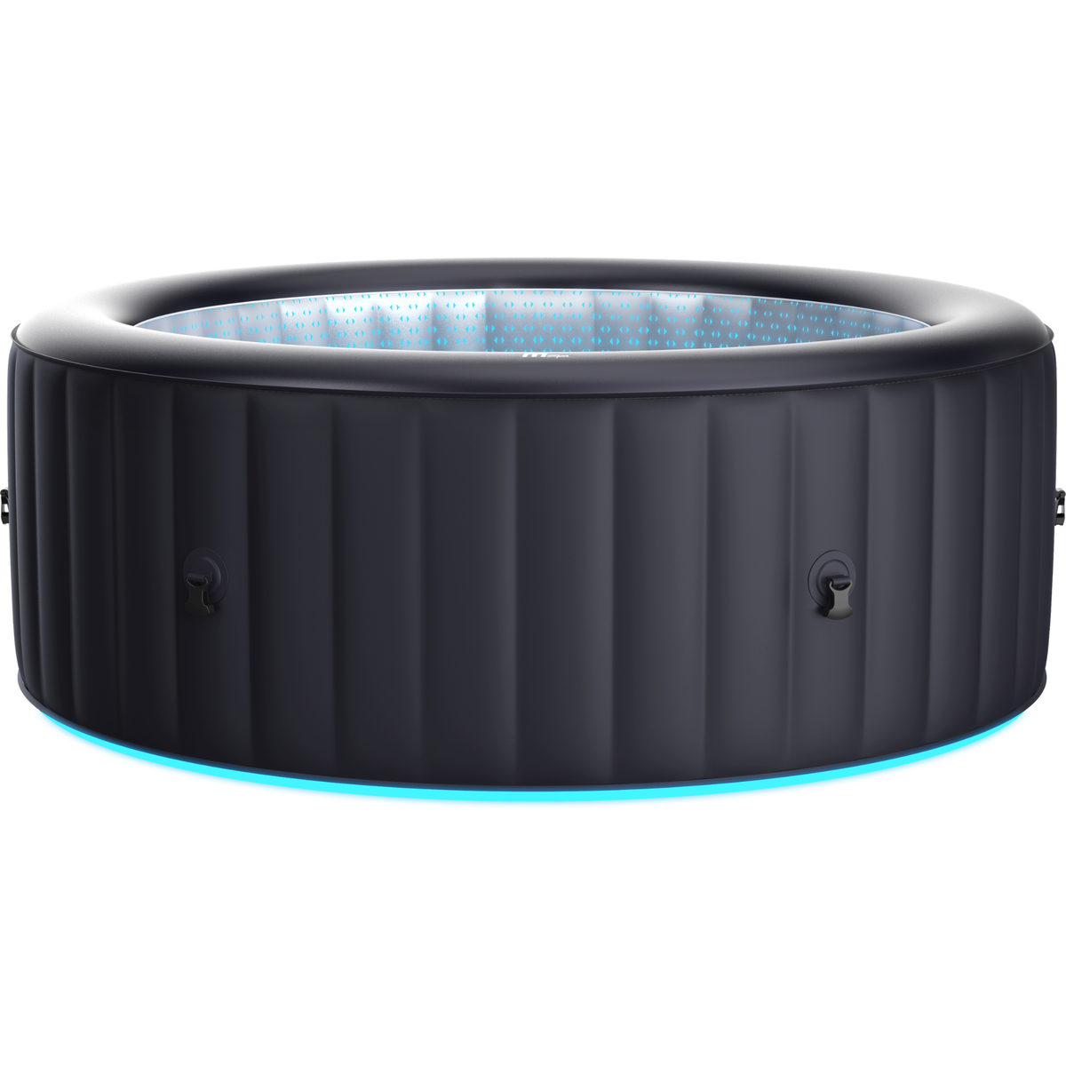 An inflatable round hot tub or spa shown on a plain white background, with a dark charcoal exterior and a bright blue illuminated rim and interior.