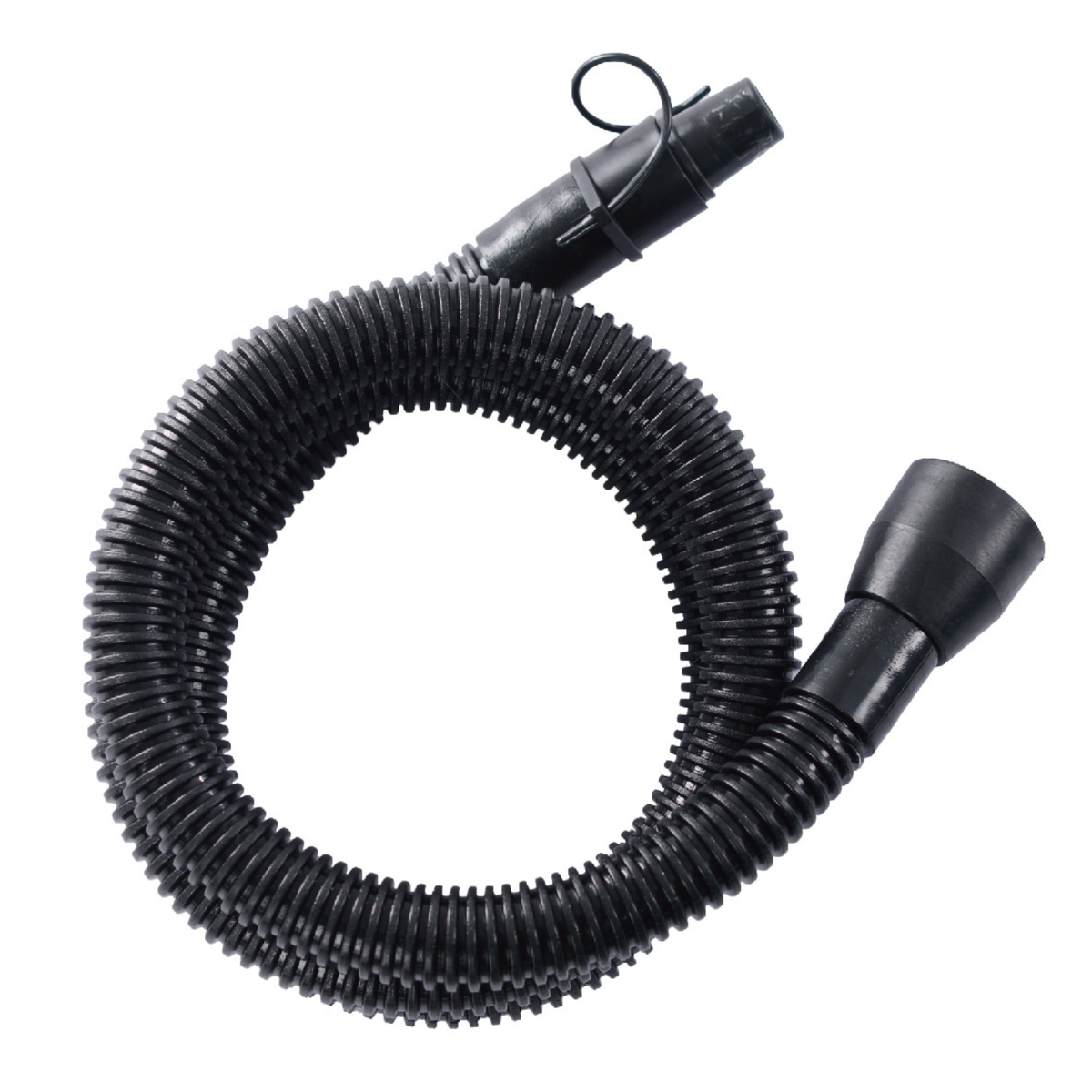 Black flexible hose with two connectors on a white background
