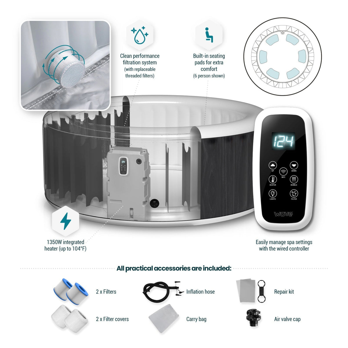 Atlantic Portable hot tub with features and accessories displayed on a white background