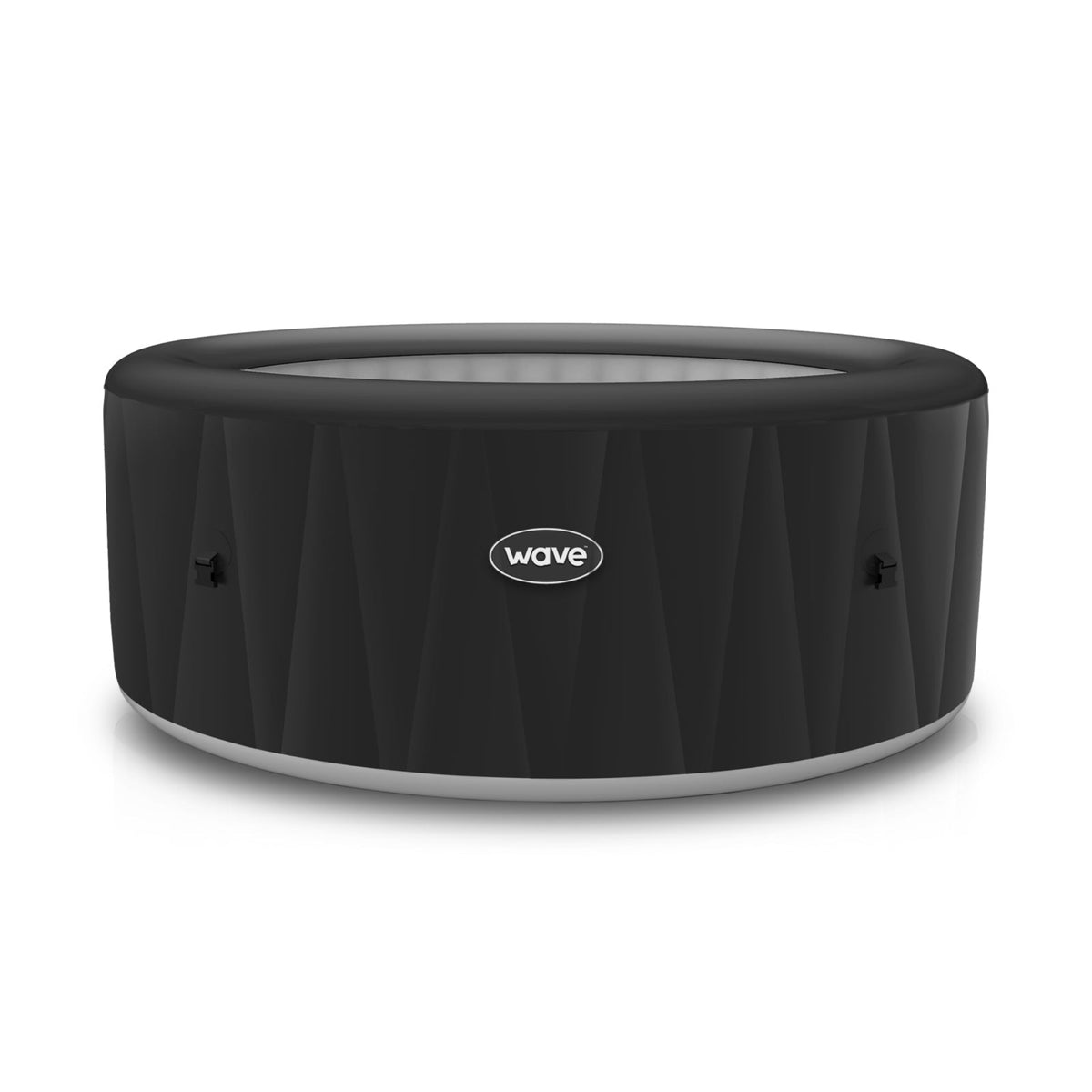Atlantic black inflatable hot tub with a circular design, featuring a white oval 'wave' logo on the front, set against a plain white background.