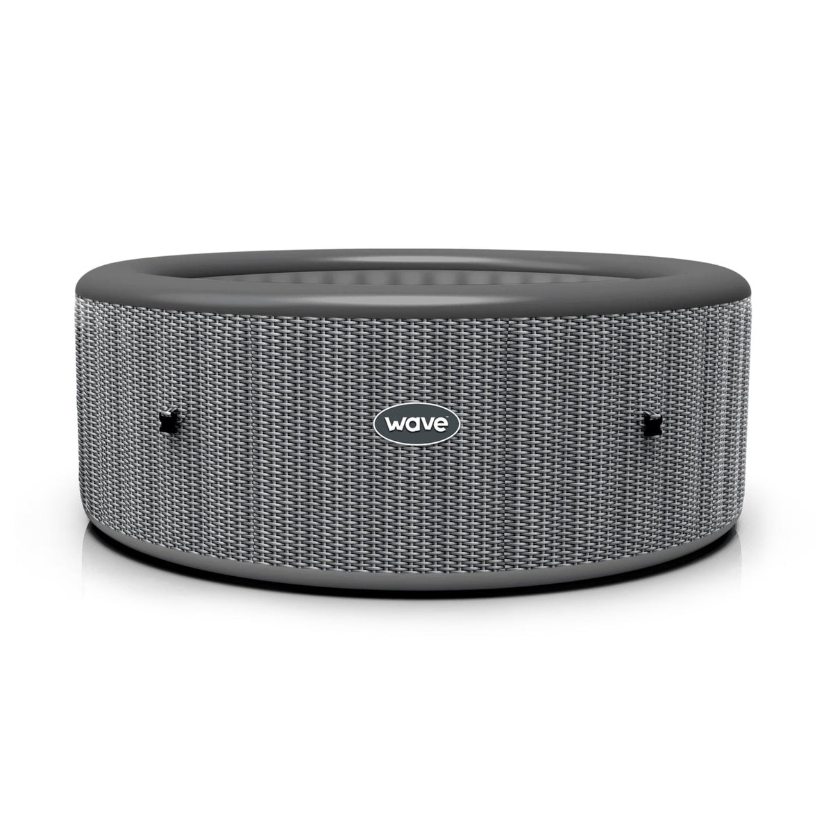 Atlantic Round gray inflatable hot tub with 'wave' branding on a white background