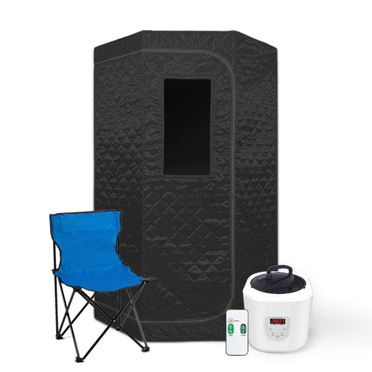 Black portable sauna with a blue chair, white control panel, and remote on a white background