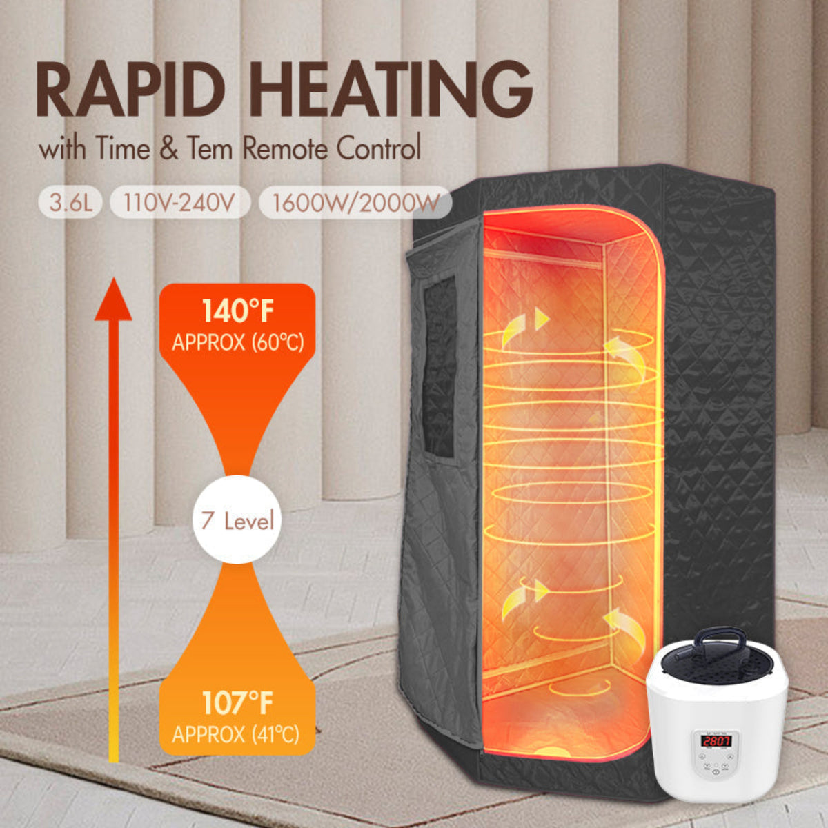 Portable heater with remote control on a wooden floor, showing rapid heating capabilities.