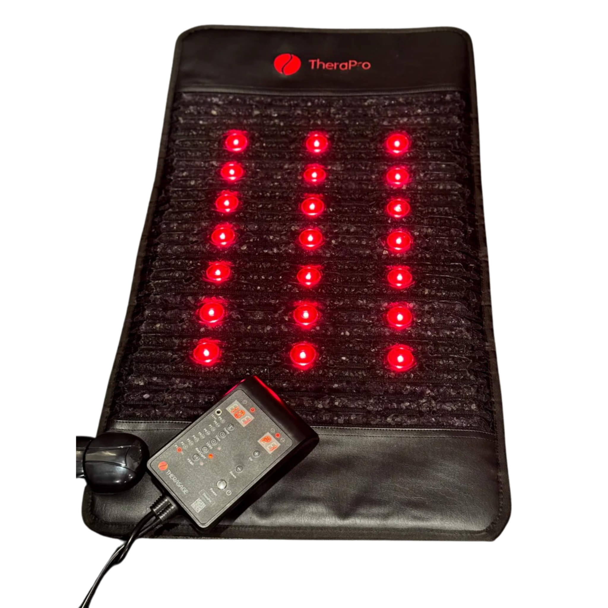TheraPro PEMF infrared red light therapy recovery pad with control unit and visible red light diodes.