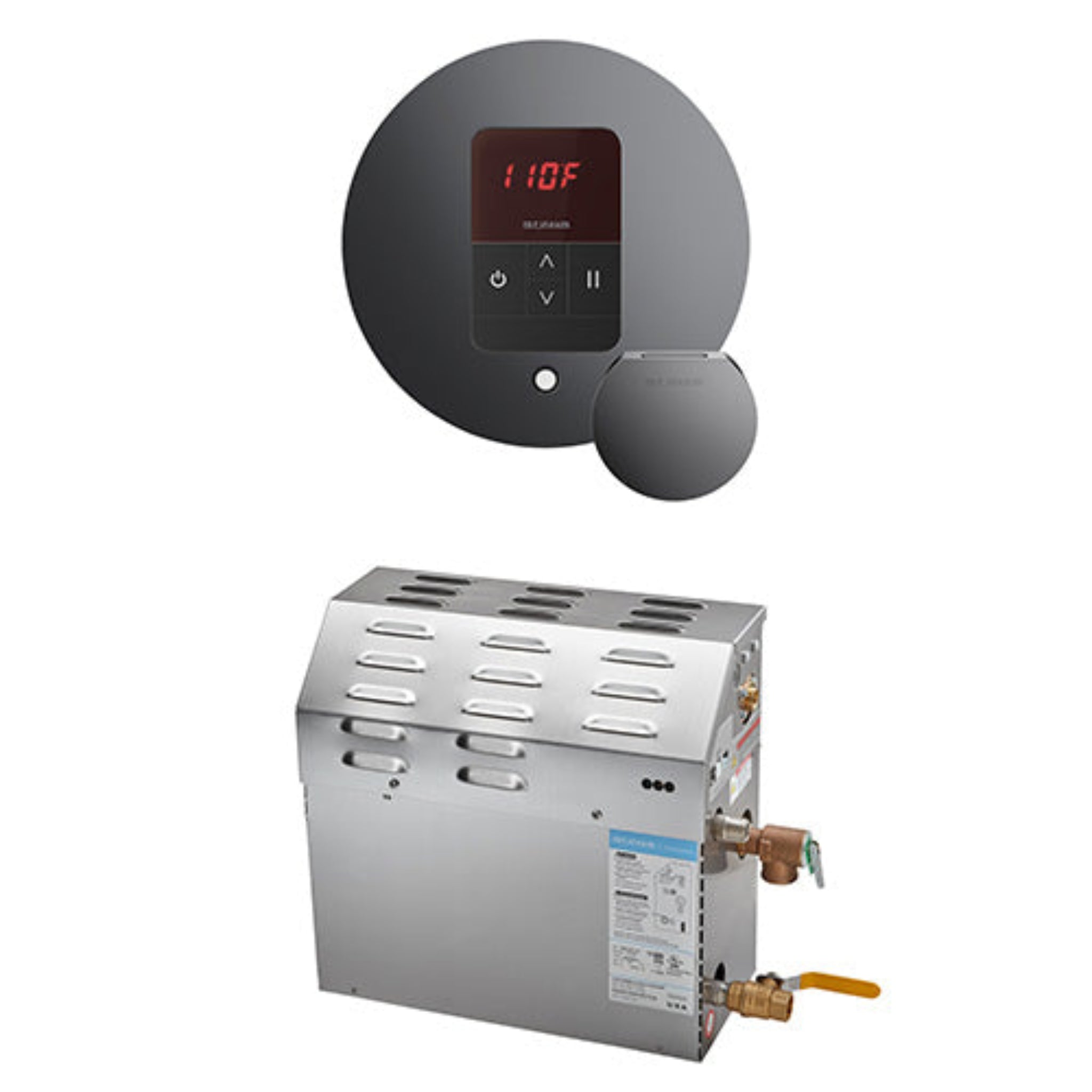Stainless Steel Round Digital temperature controller and steam machine on a white background