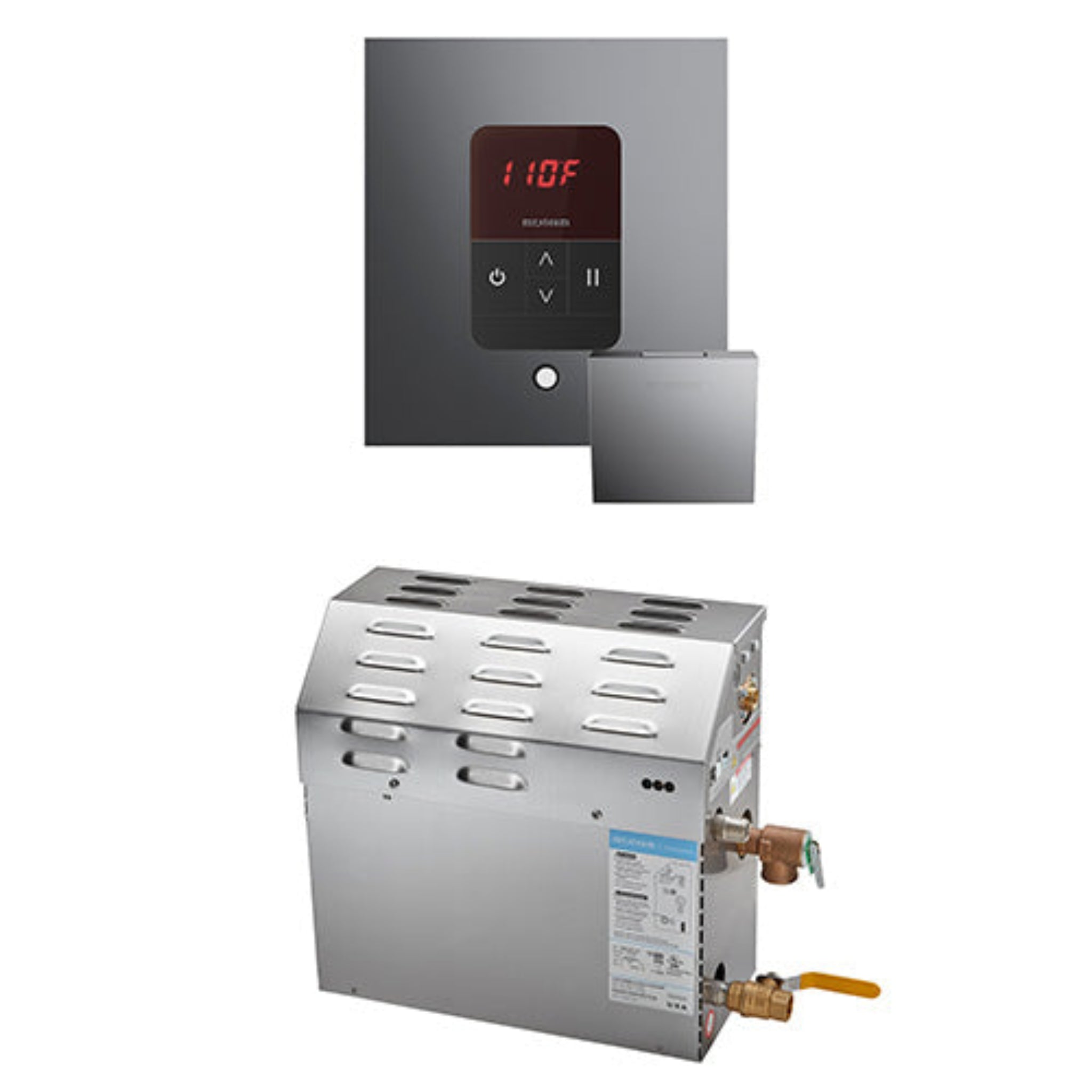 Stainless steel water heater with digital display on a white background