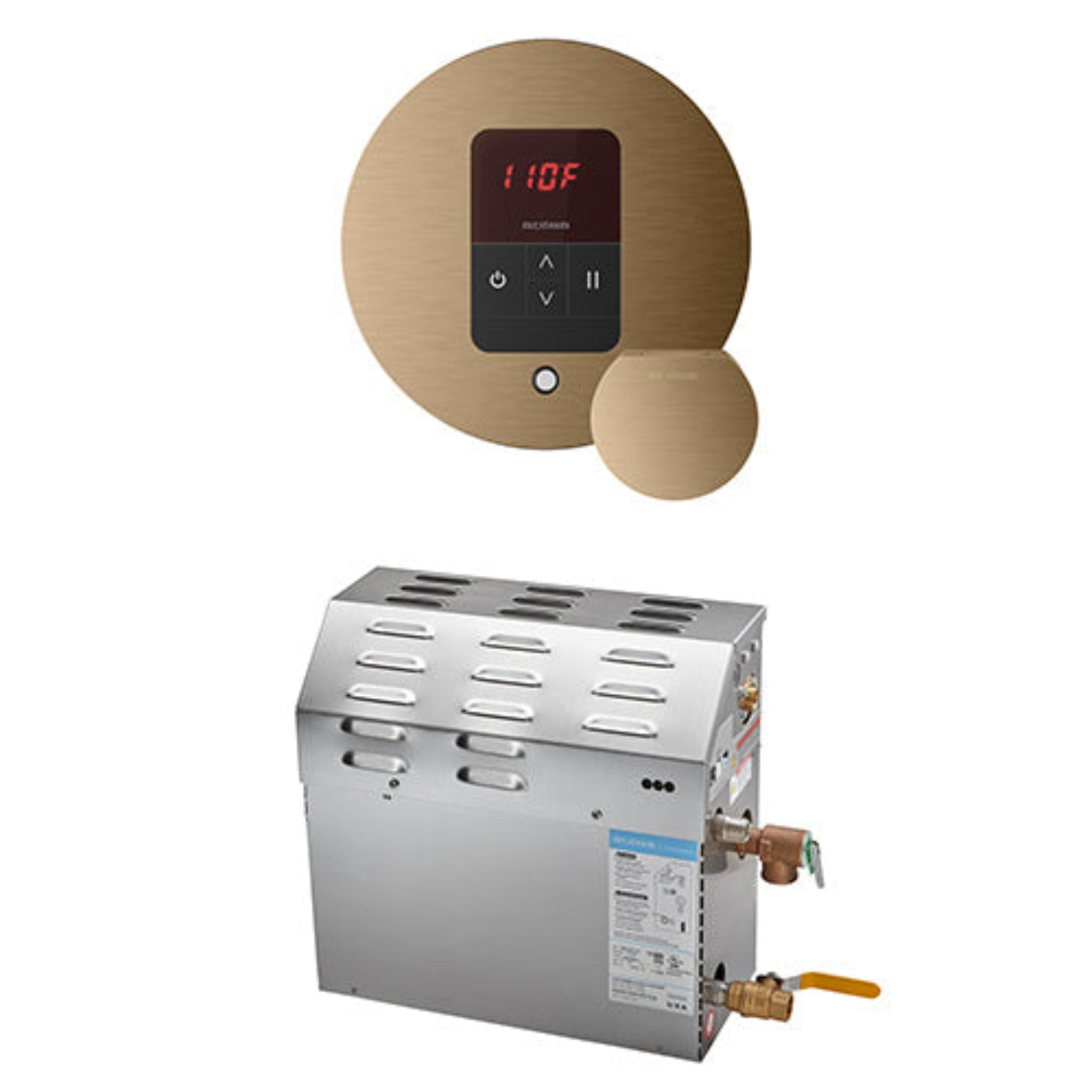 Brushed Bronze control panel with digital display and silver steam machine on a white background
