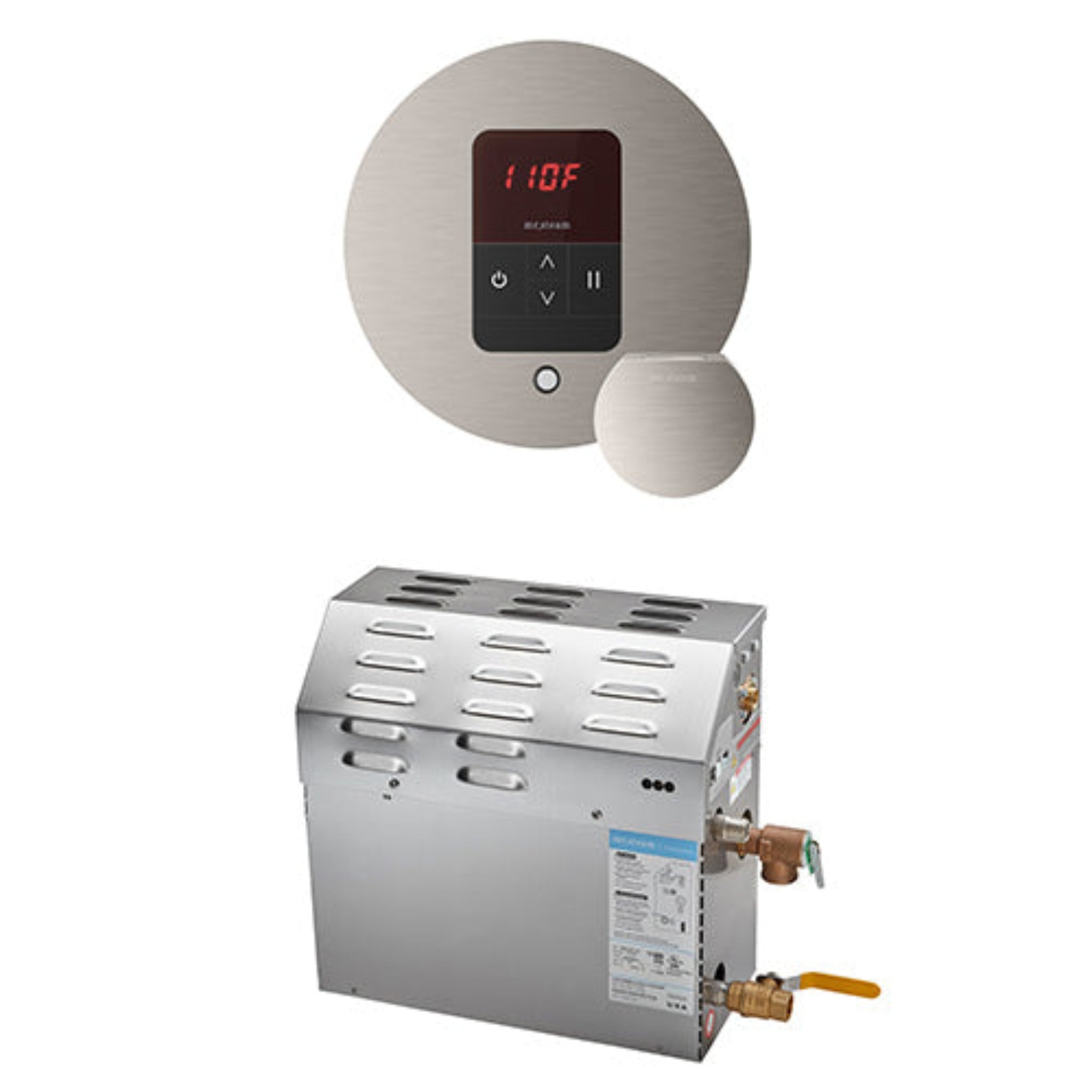 Polished Nickel round Digital temperature controller and steam generator on a white background