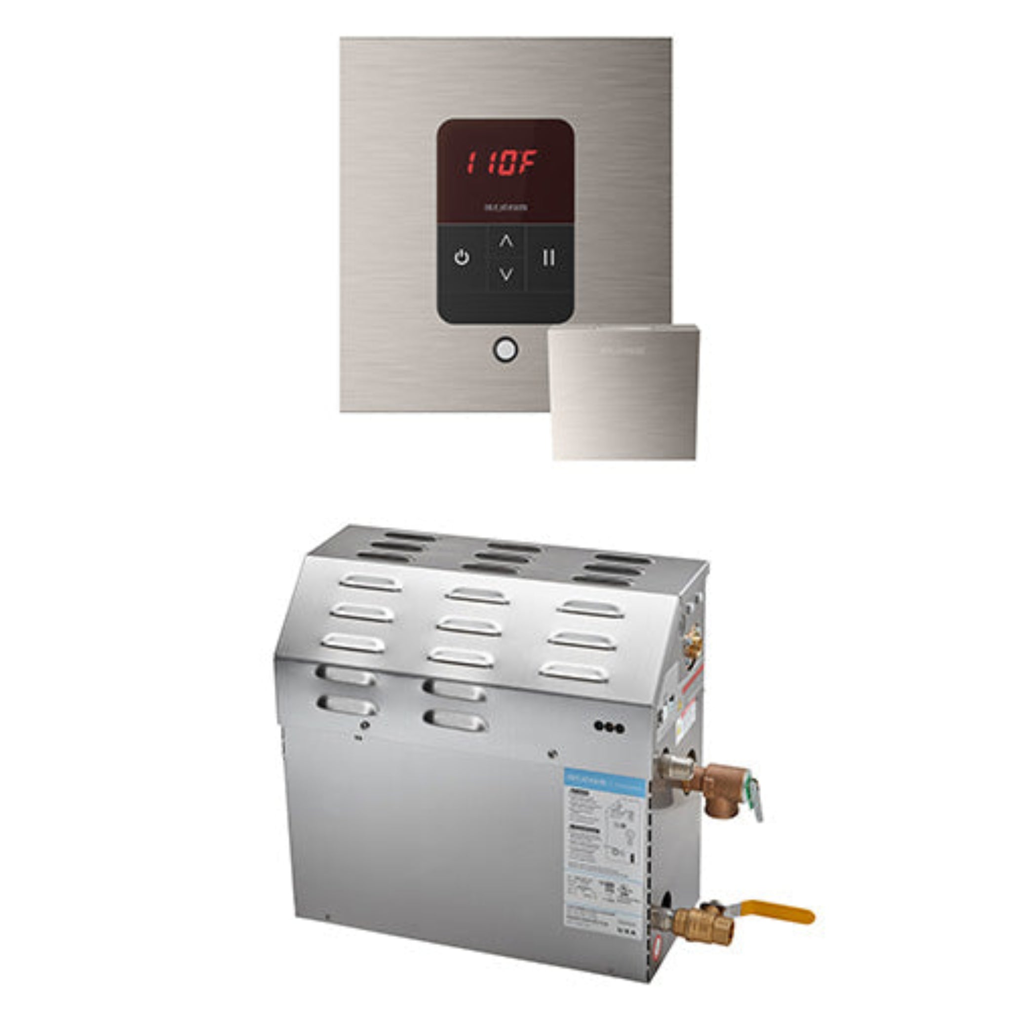 Brushed Nickel water heater with digital control panel on a white background