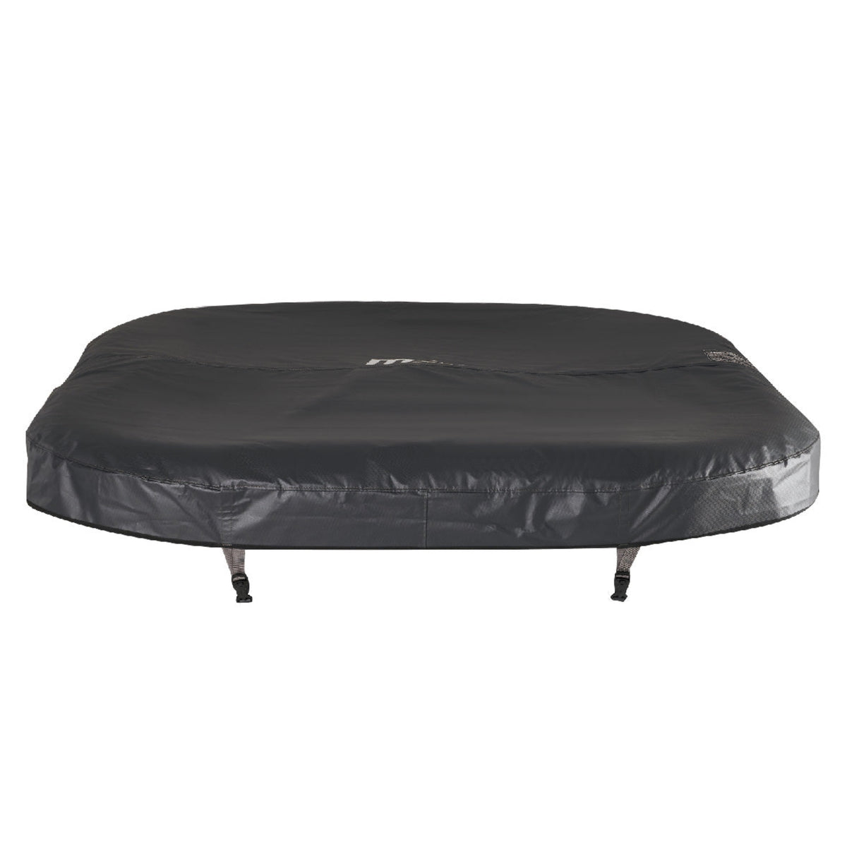 A black outdoor hot tub cover, shown from a low angle on a white background.