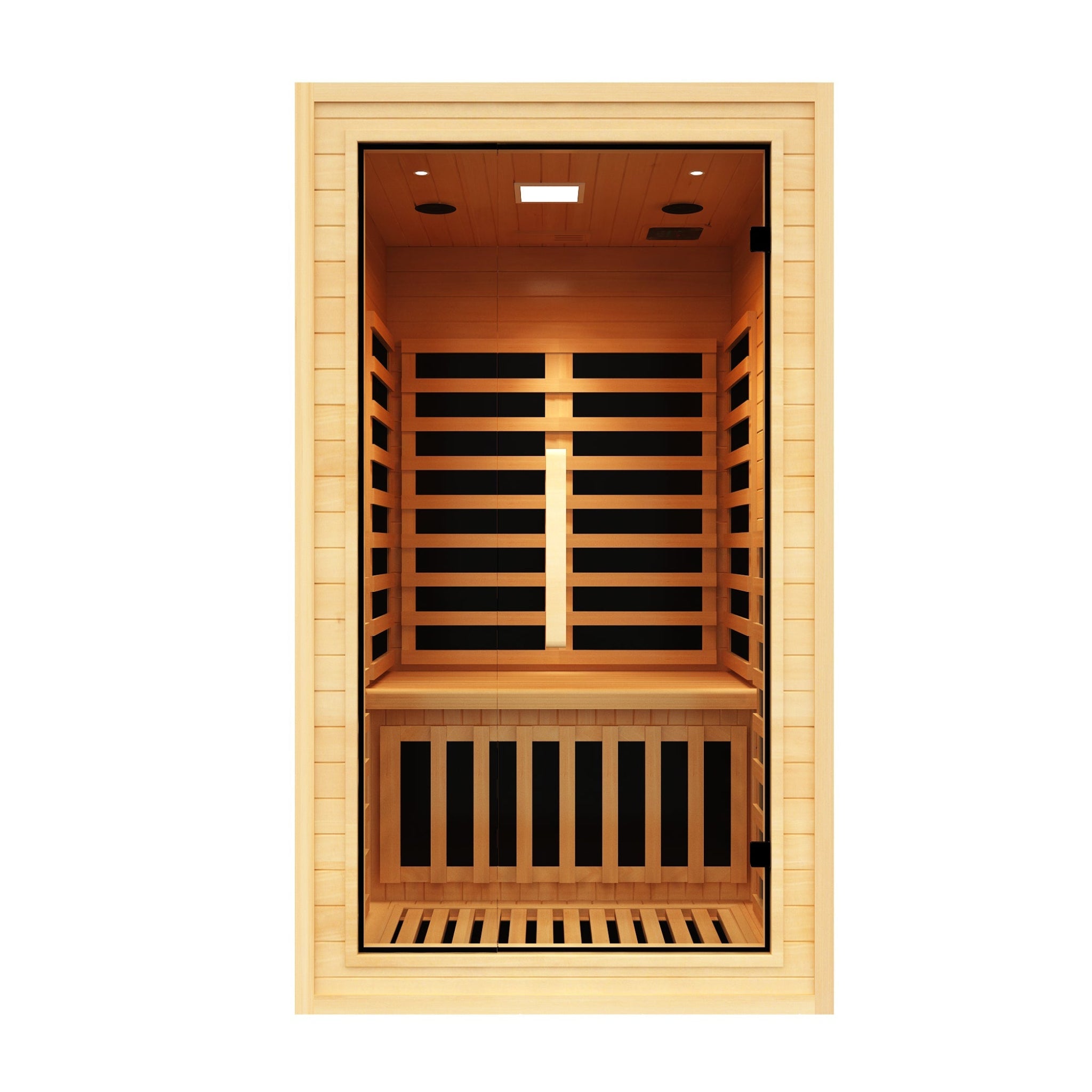 Nicebeam Canadian Hemlock infrared sauna with a clear door on a white background