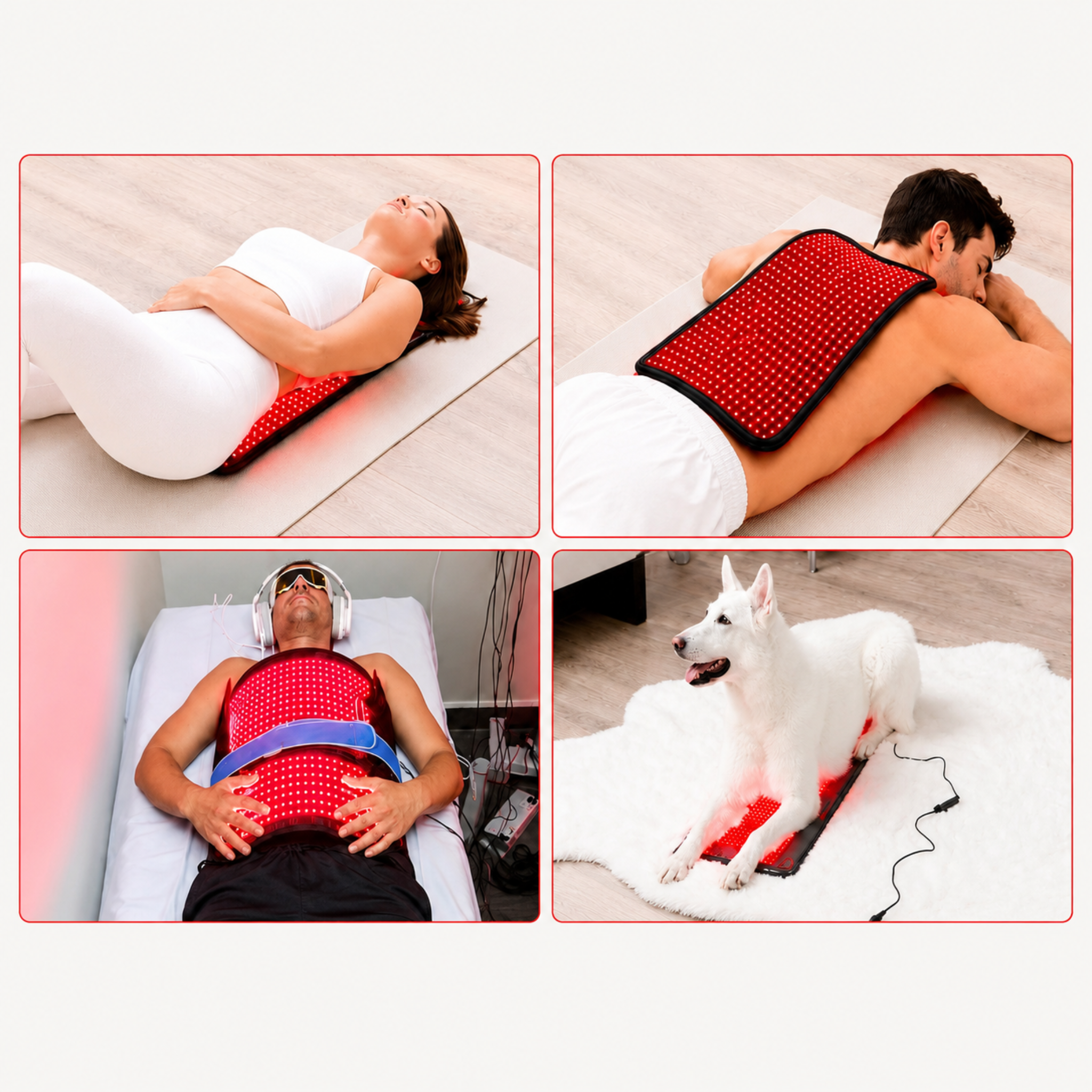 Image showing Red Light Pro Devices Large Red Light Therapy Pad | 27" x 11" | 1,998 LEDs | 660nm + 850nm in use by humans and a dog.