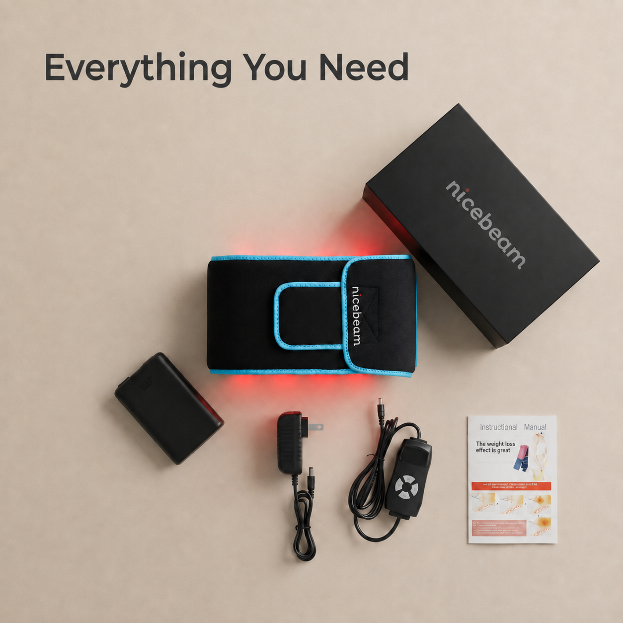 Nicebeam pain relief device with packaging, power adapter, cable, and user manual on a beige background.