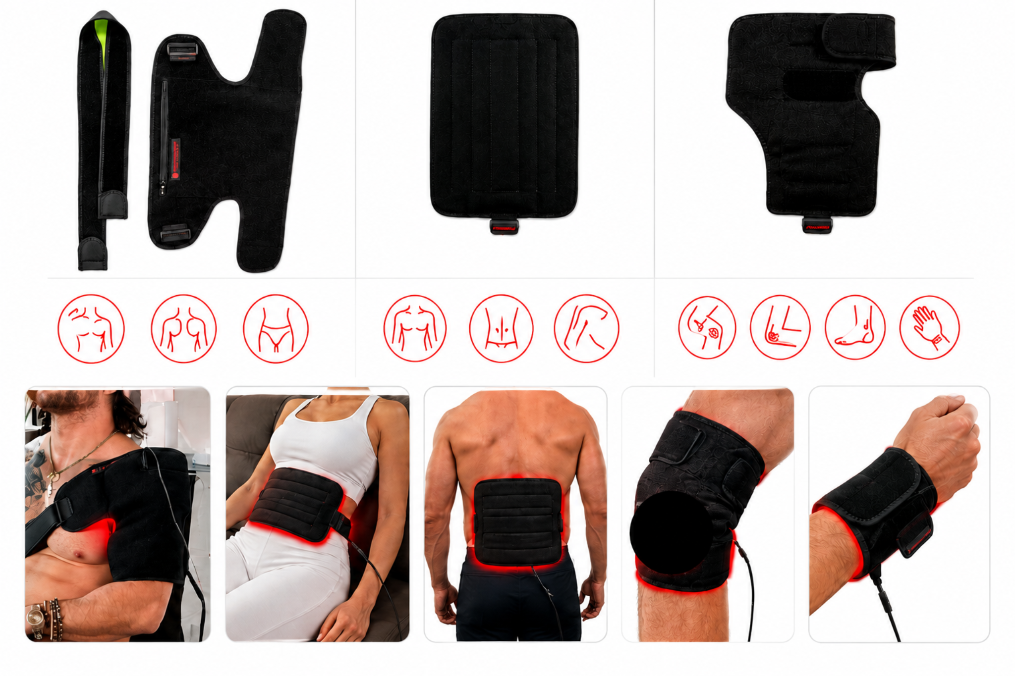 Red Light Pro 3-in-1 Flexible LED Pad | 540 LEDs | 660nm + 850nm | 7" x 11" showcasing usage on various body parts.