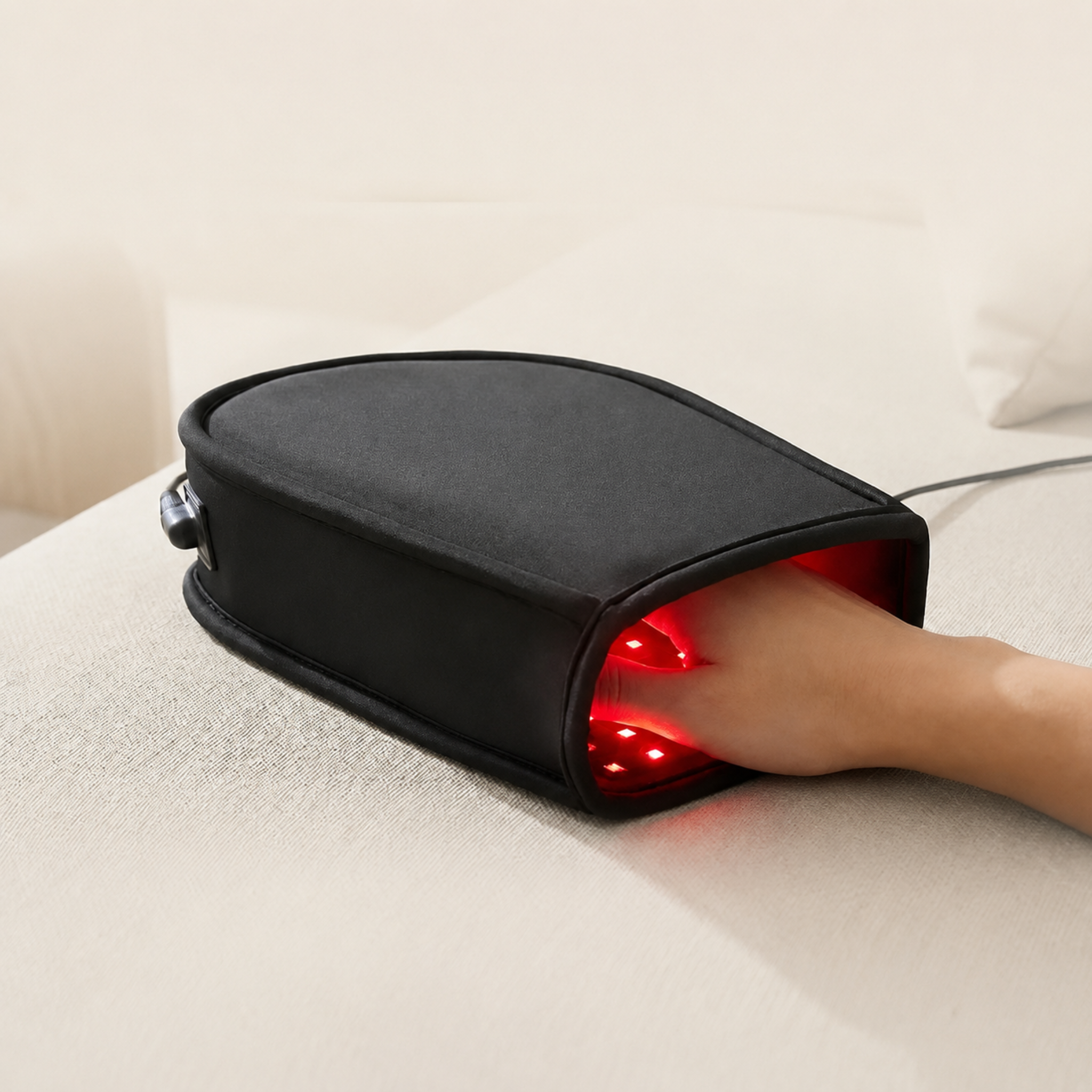 A black Nicebeam red light therapy hand mit with a cord, shown with a hand inserted inside on a light beige fabric surface.