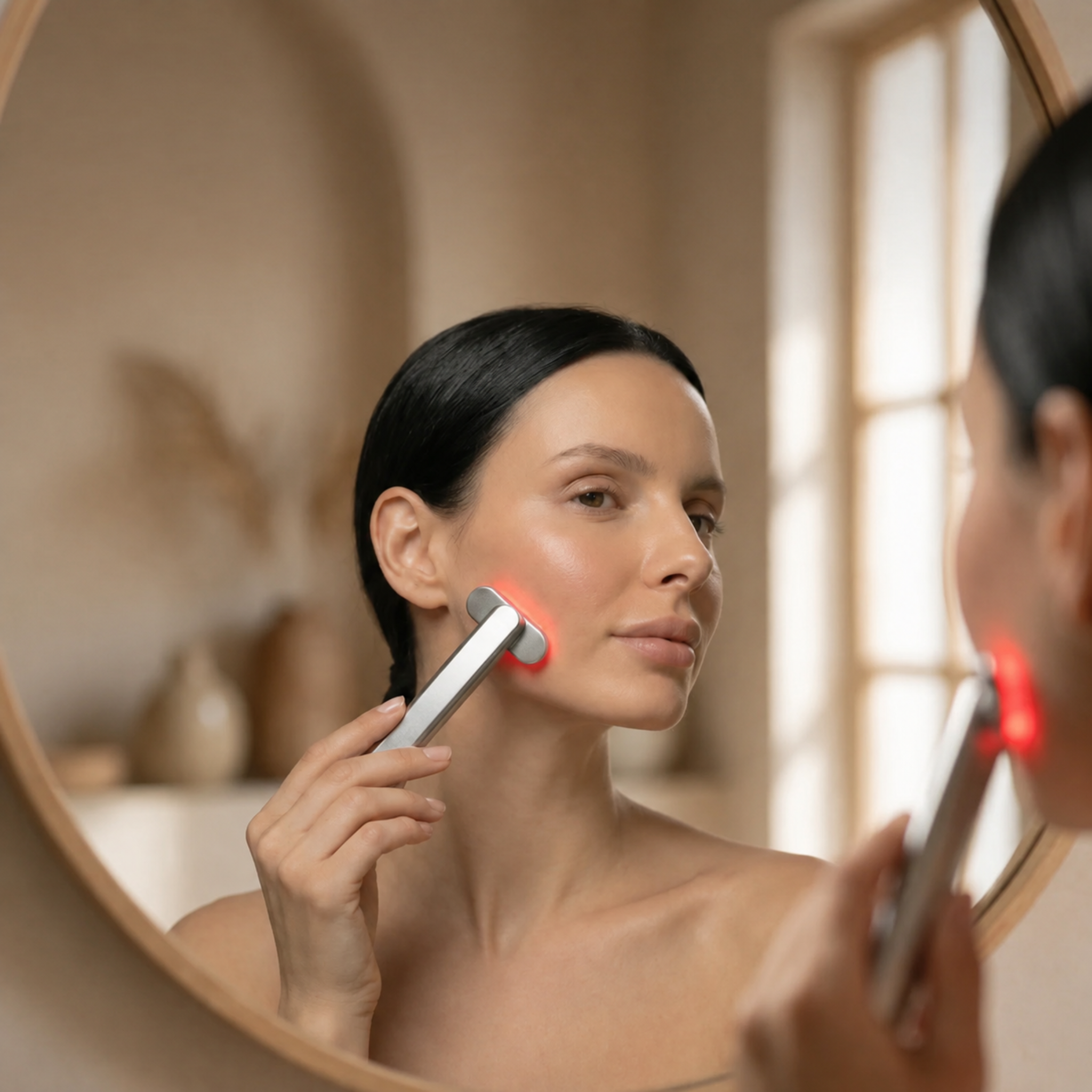 Woman using a Nicebeam red light skincare device on her face looking in a mirror