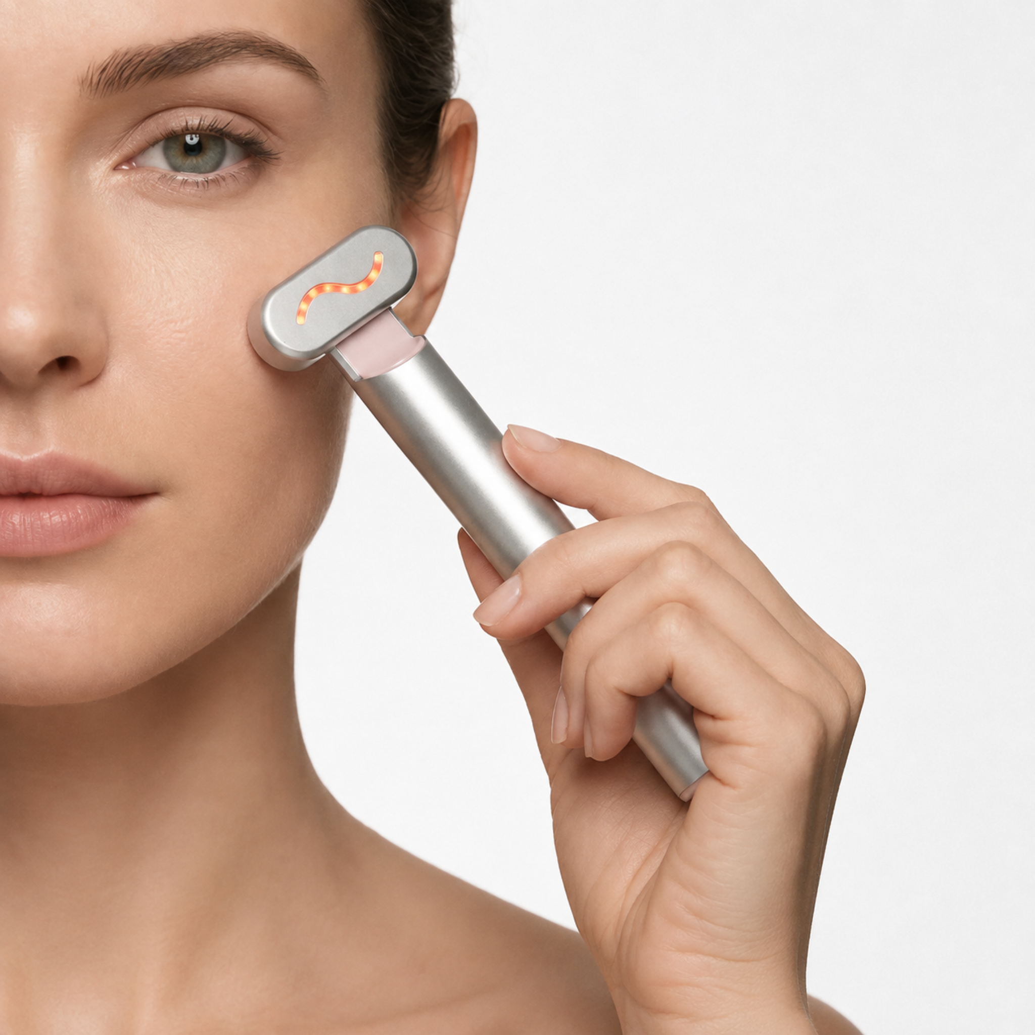 A close-up of a woman holding and using a Nicebeam red light facial beauty device on her cheek against a clean white background.