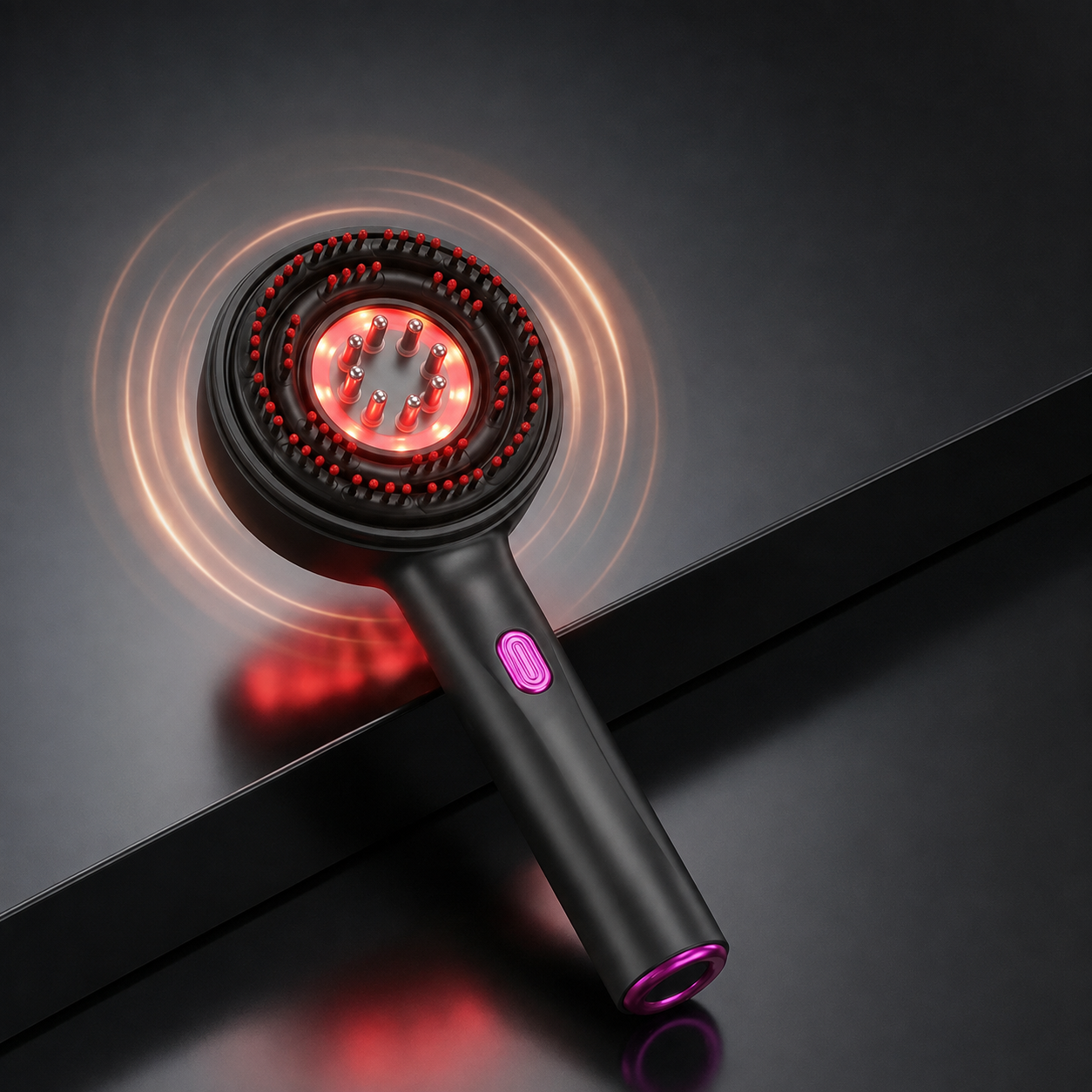 Nicebeam 3-in-1 Scalp Massager | Red Light, Massage & Serum Applicator on a dark surface with glowing lights.