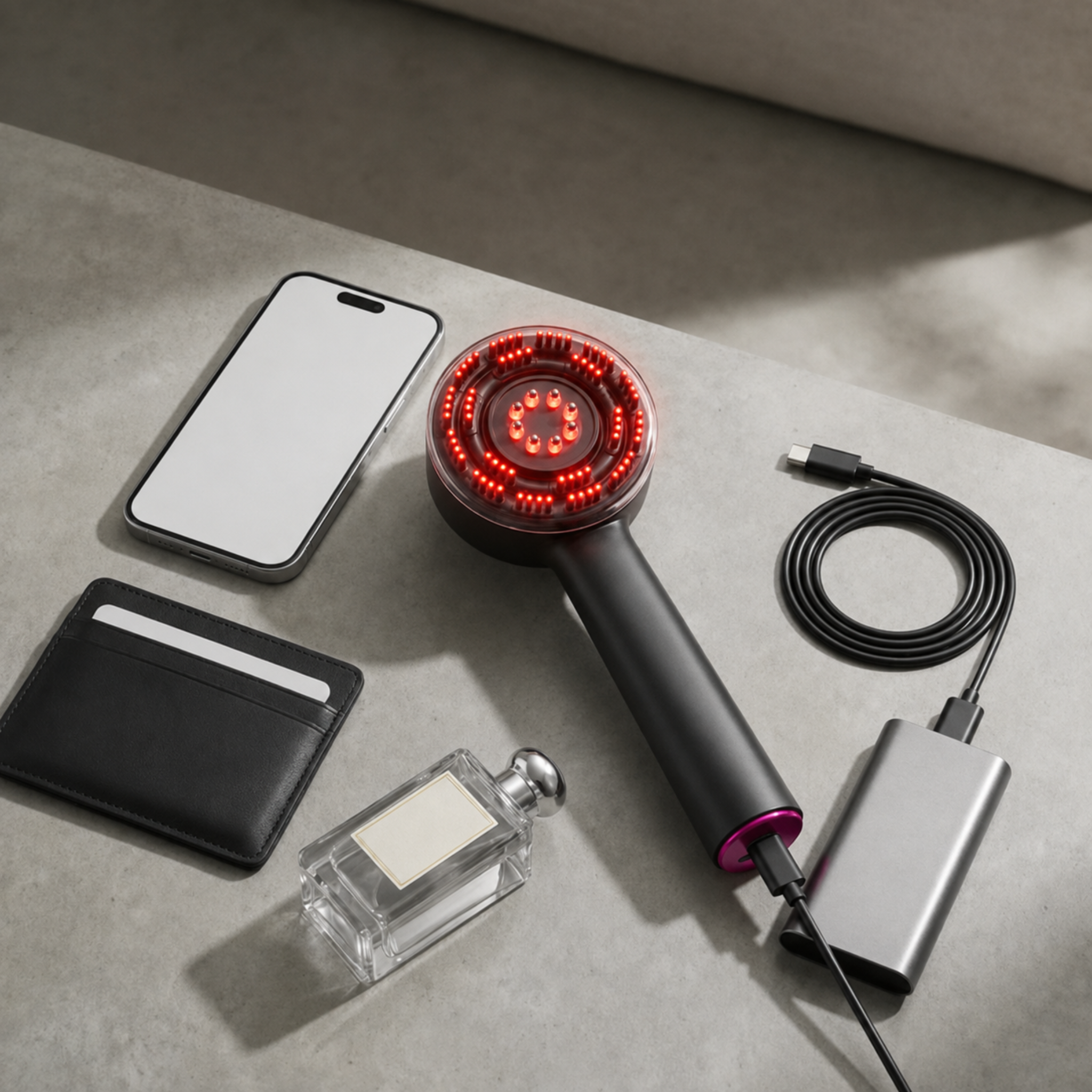 Nicebeam 3-in-1 Scalp Massager | Red Light, Massage & Serum Applicator displayed with smartphone and accessories.