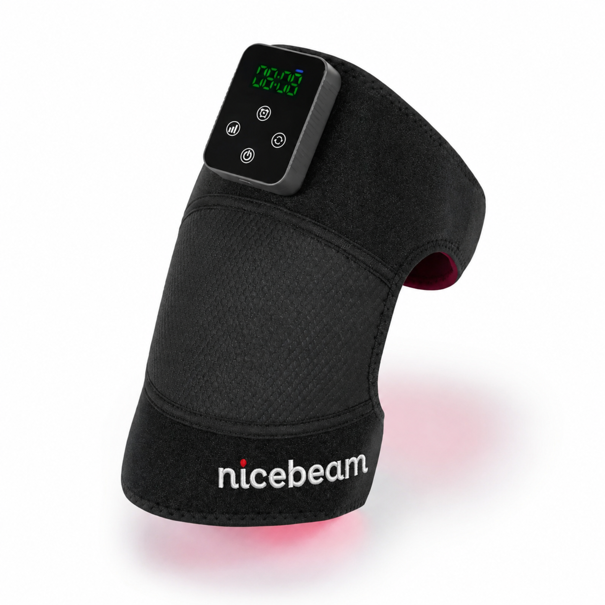 Black Nicebeam red light therapy knee wrap with digital display showing on a white background. 