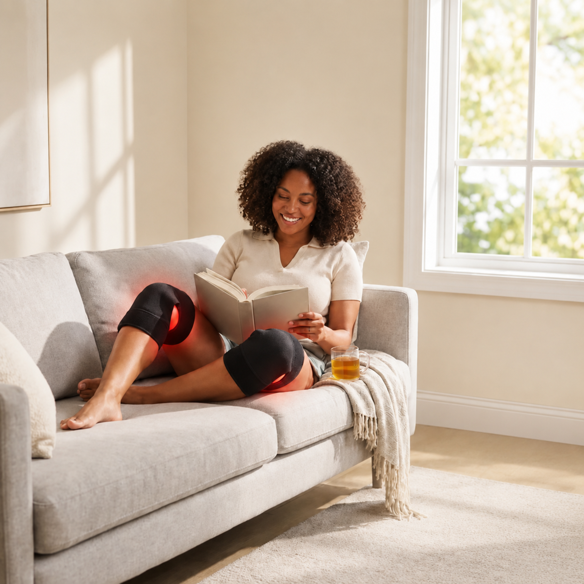 woman sitting on a couh wearing 2 Nicebeam red light therapy wraps on her knees, reading a book. 