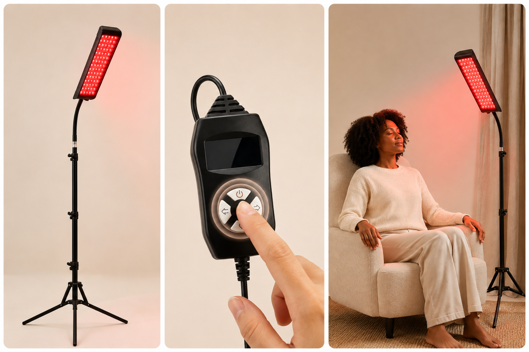 Split images. Nicebeam red light lamp, Nicebeam timer. WOman sitting in a chair with the red light lamp next to her.