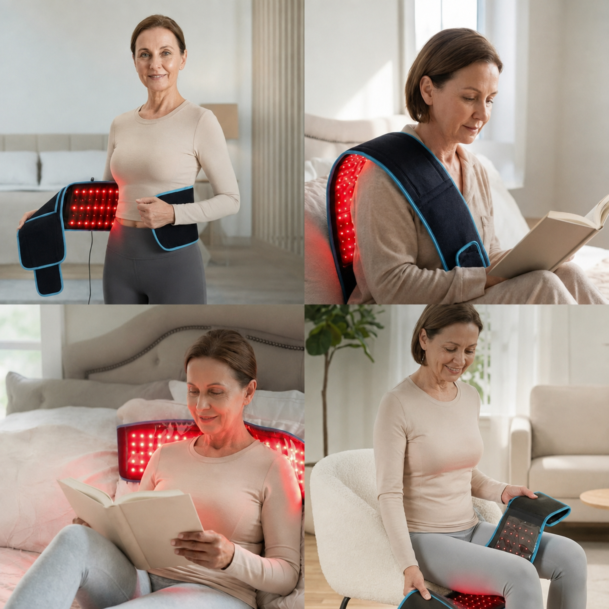 A four-panel collage showing a woman in a bright living room using a red light therapy device. The device is worn around her waist, across her upper back, and on her thighs, with the glowing red lights illuminating her body.